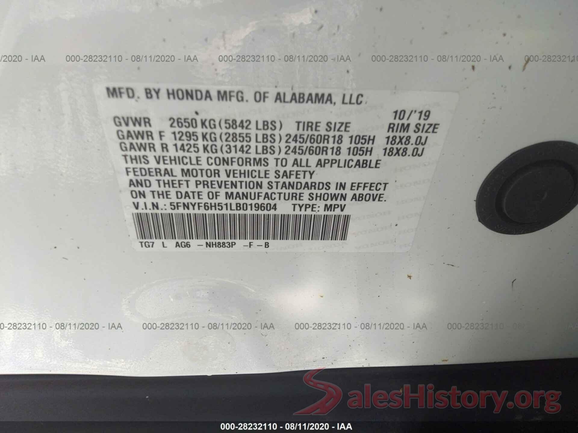 5FNYF6H51LB019604 2020 HONDA PILOT