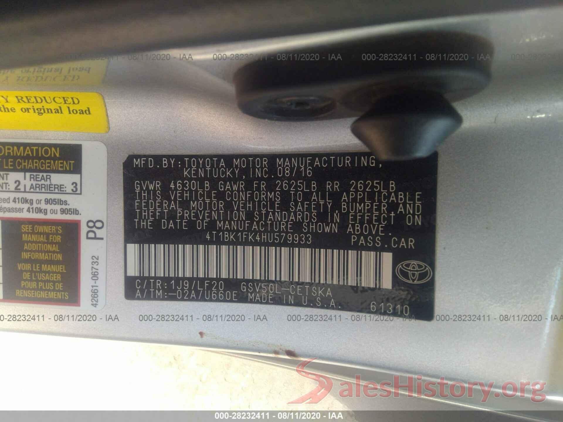 4T1BK1FK4HU579933 2017 TOYOTA CAMRY