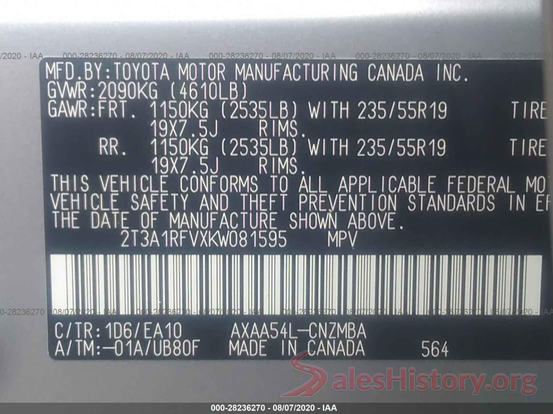 2T3A1RFVXKW081595 2019 TOYOTA RAV4