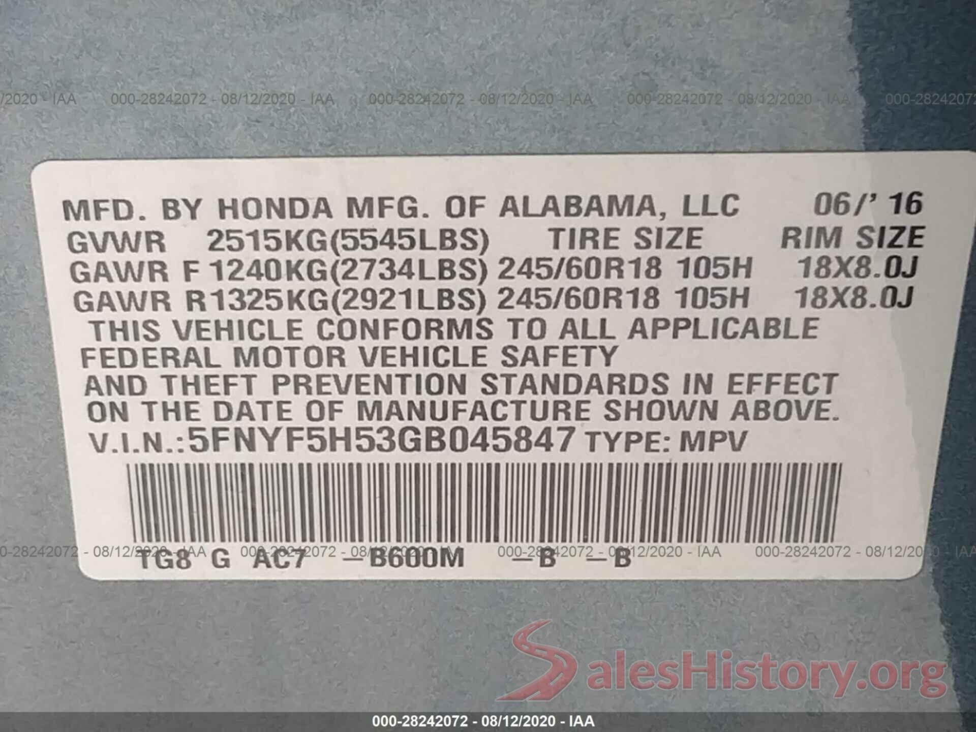 5FNYF5H53GB045847 2016 HONDA PILOT