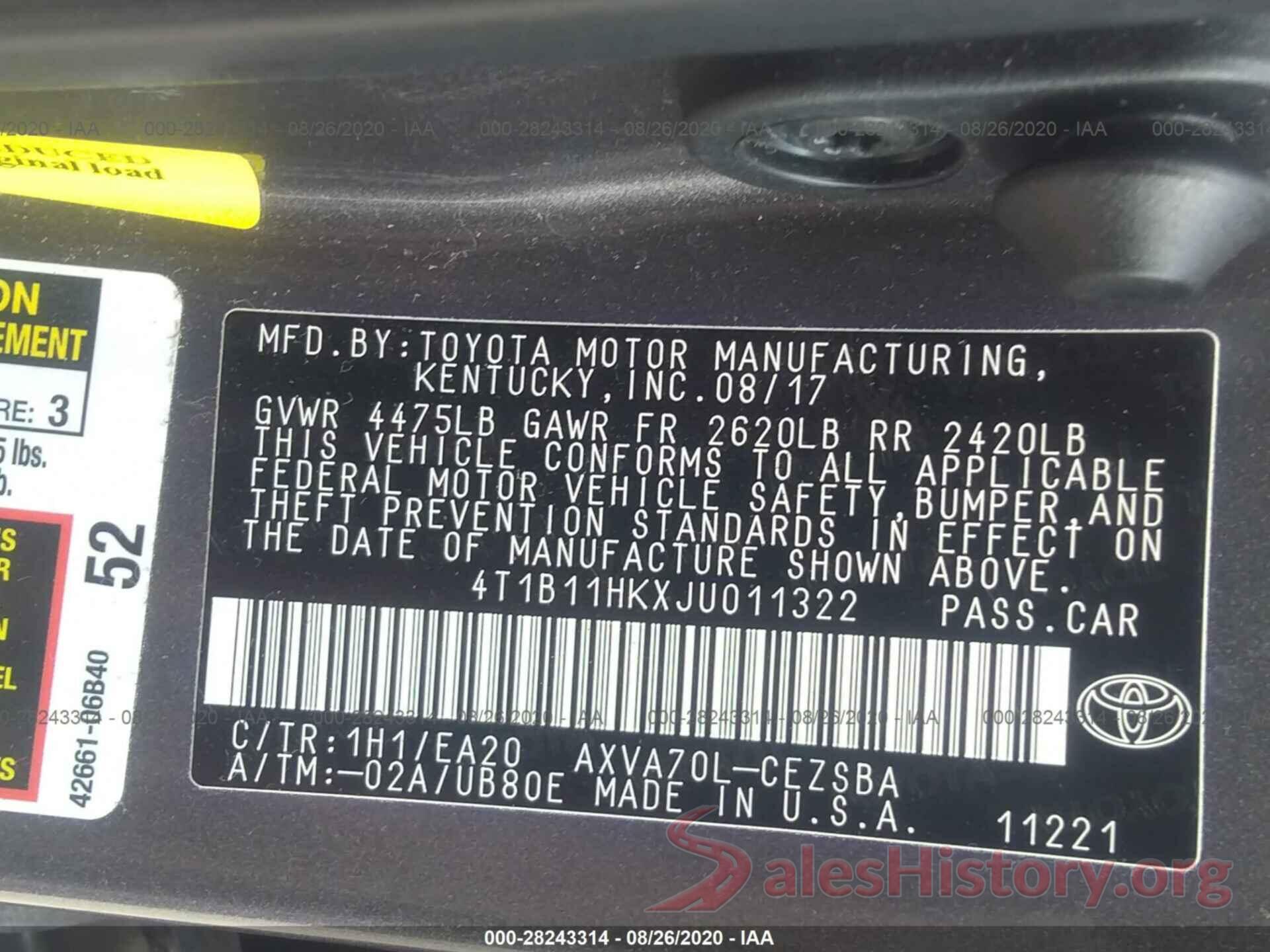 4T1B11HKXJU011322 2018 TOYOTA CAMRY