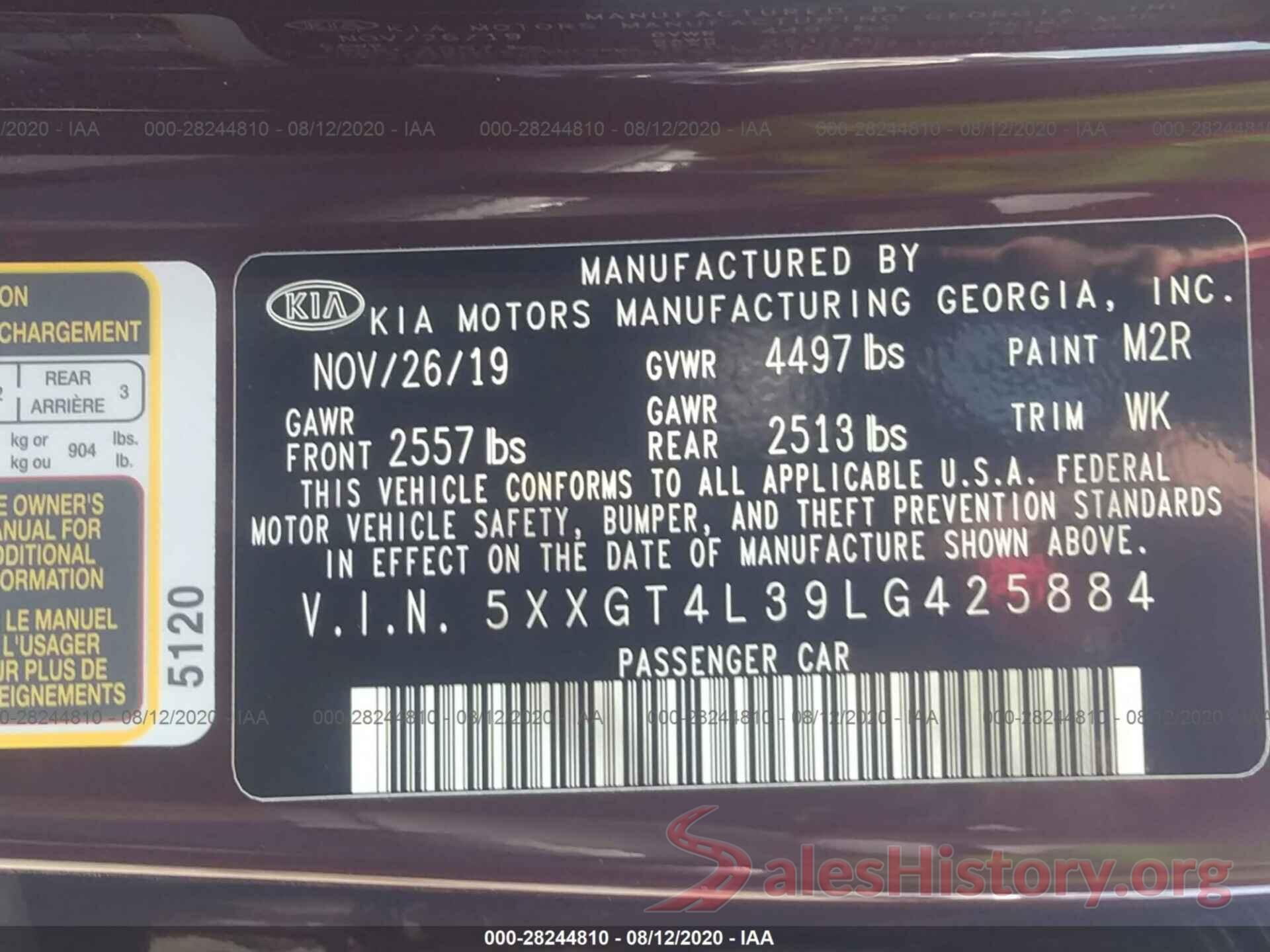 5XXGT4L39LG425884 2020 KIA OPTIMA