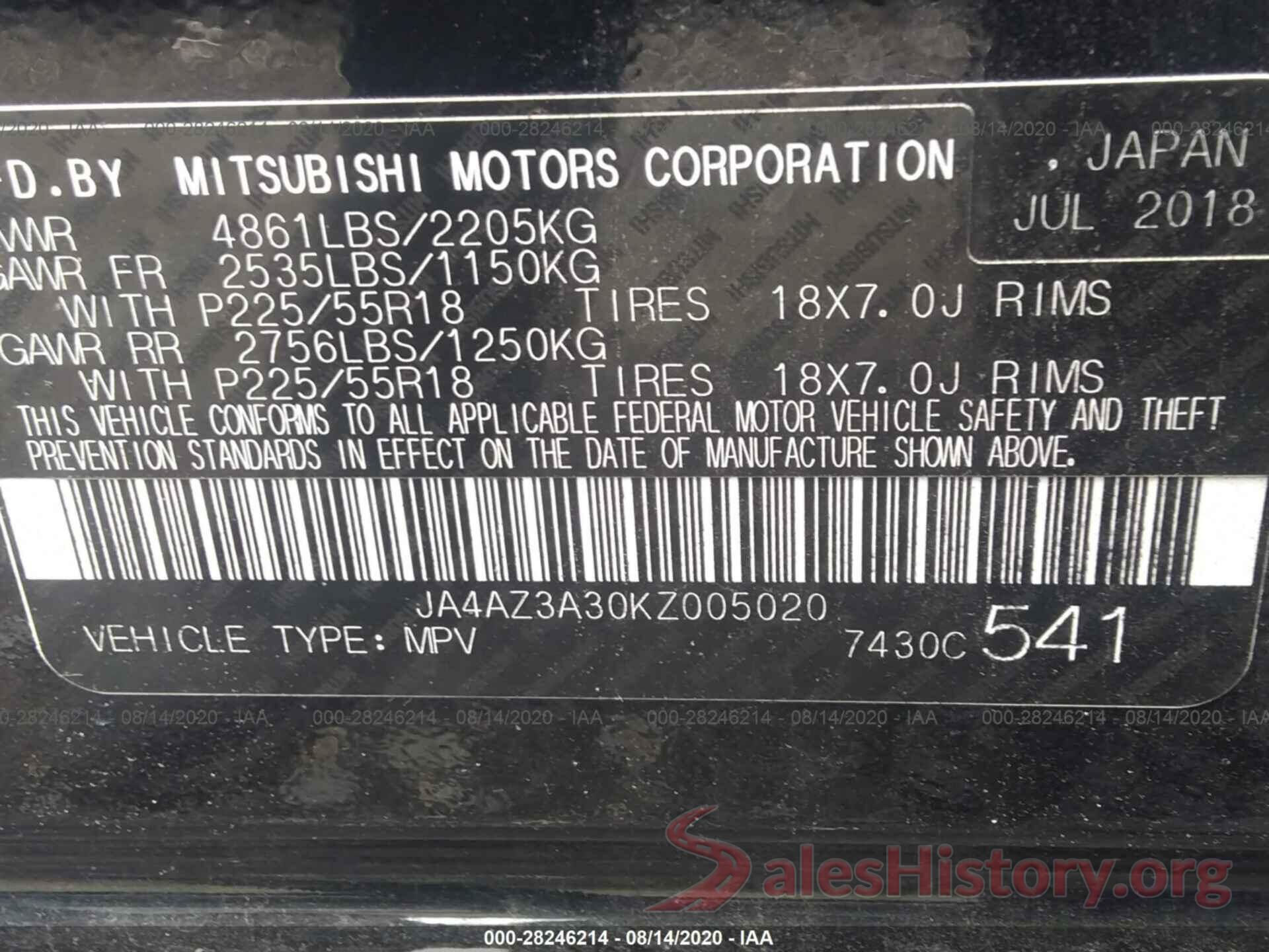 JA4AZ3A30KZ005020 2019 MITSUBISHI OUTLANDER