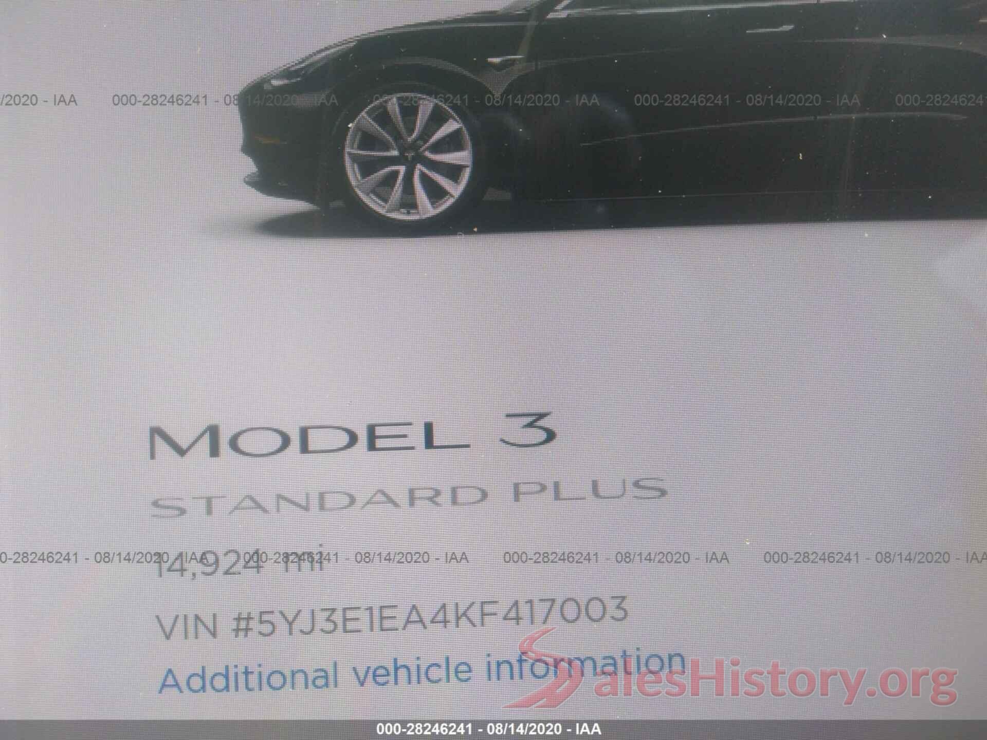 5YJ3E1EA4KF417003 2019 TESLA MODEL 3