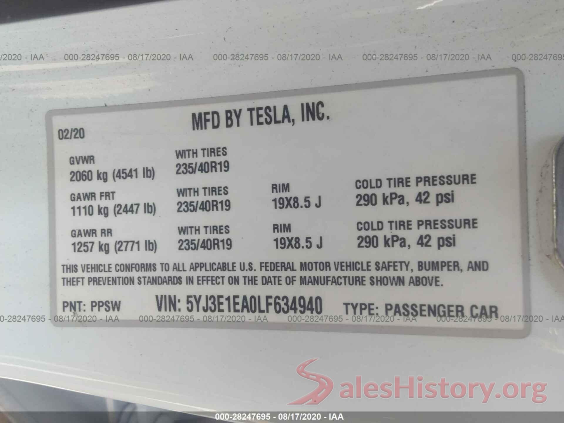 5YJ3E1EA0LF634940 2020 TESLA MODEL 3