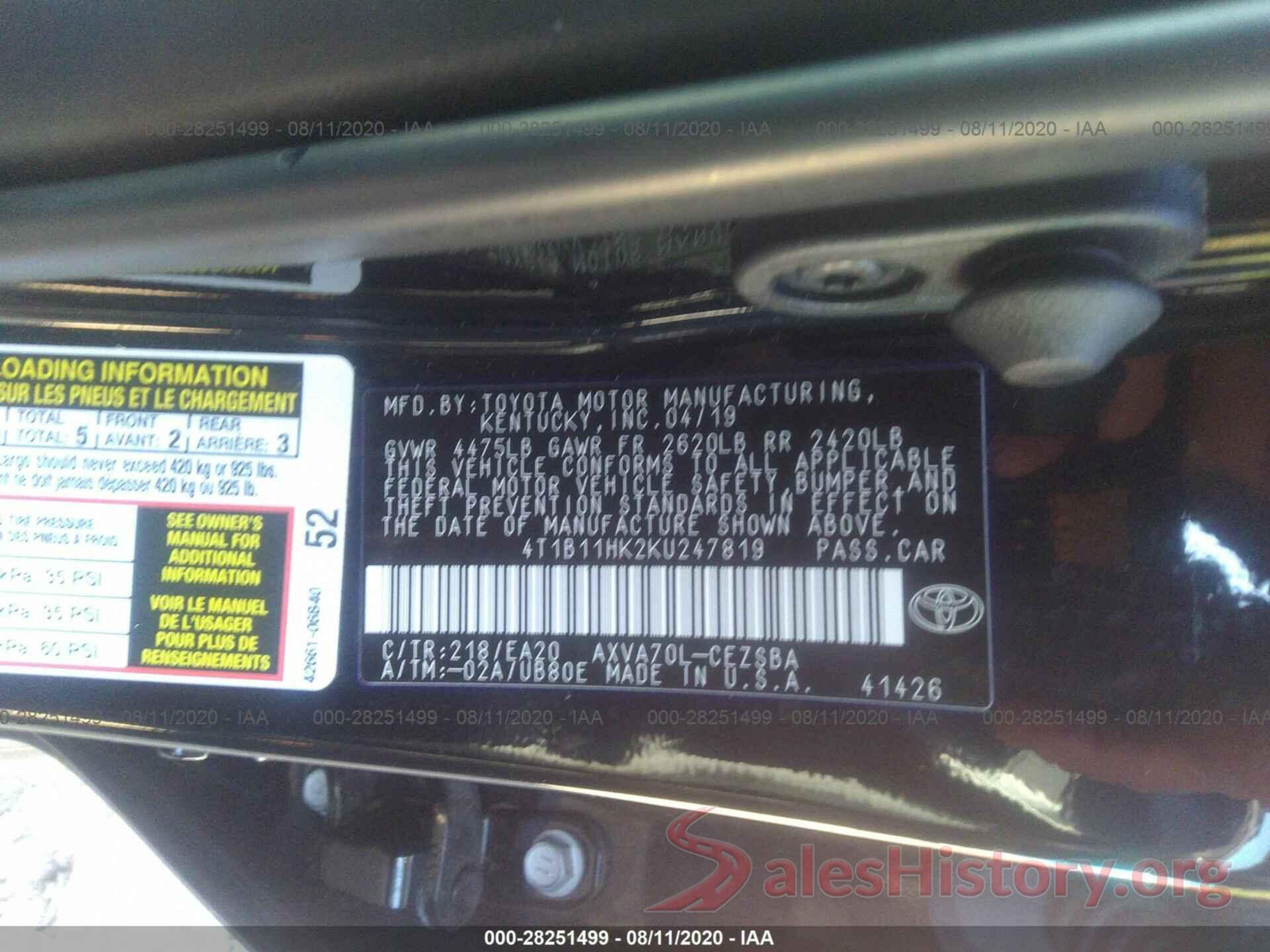 4T1B11HK2KU247819 2019 TOYOTA CAMRY