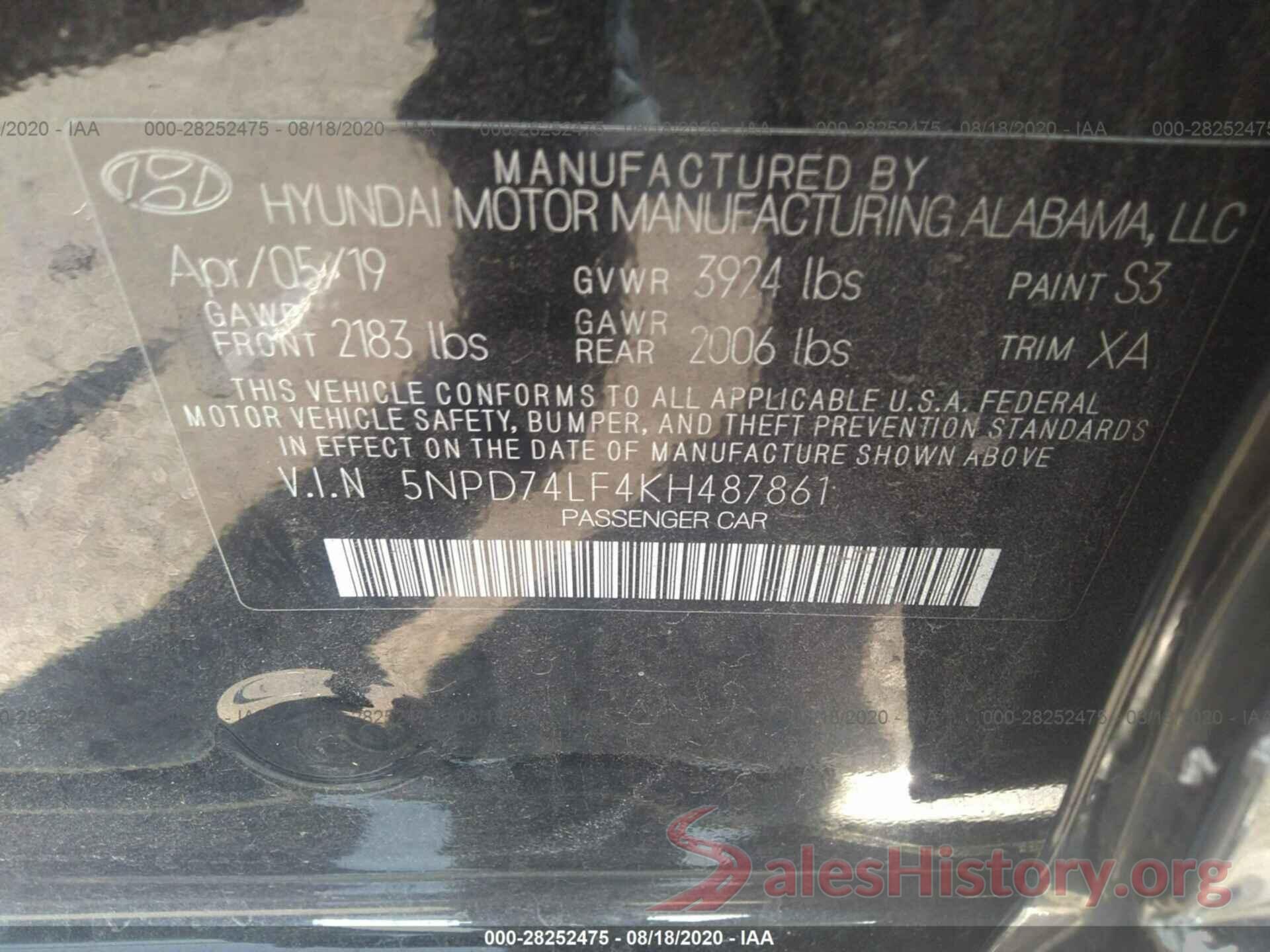 5NPD74LF4KH487861 2019 HYUNDAI ELANTRA