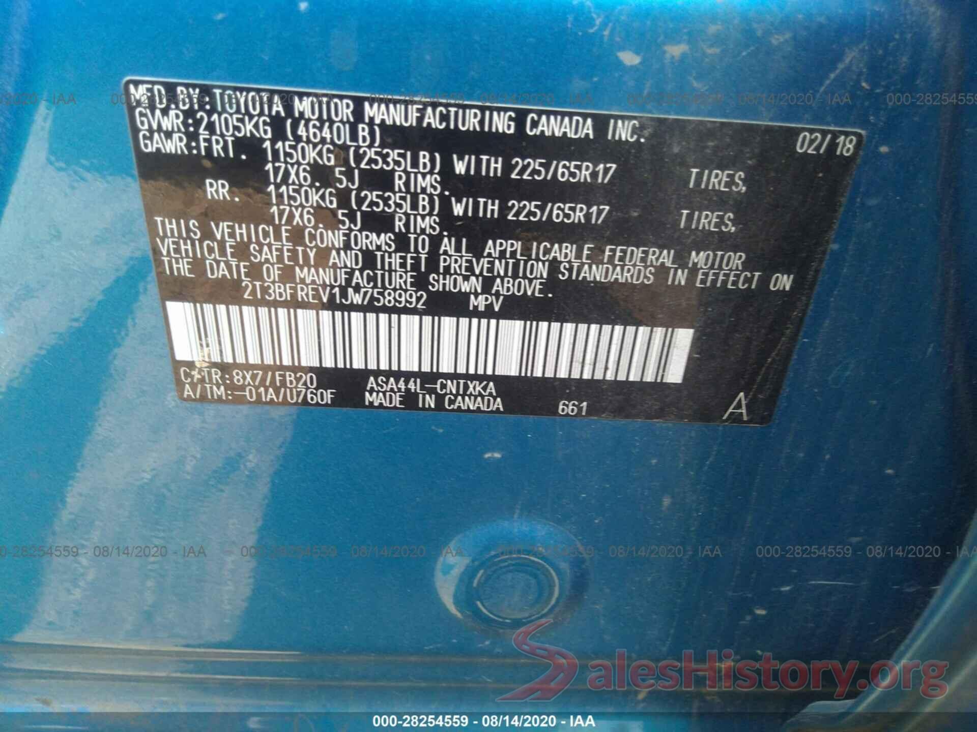 2T3BFREV1JW758992 2018 TOYOTA RAV4