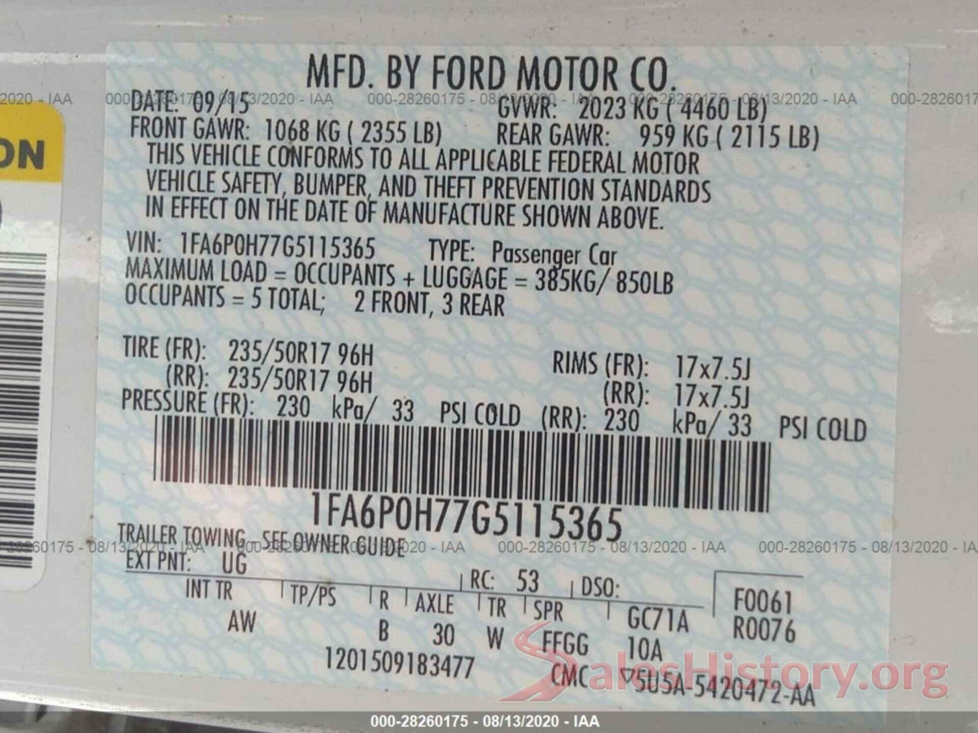 1FA6P0H77G5115365 2016 FORD FUSION