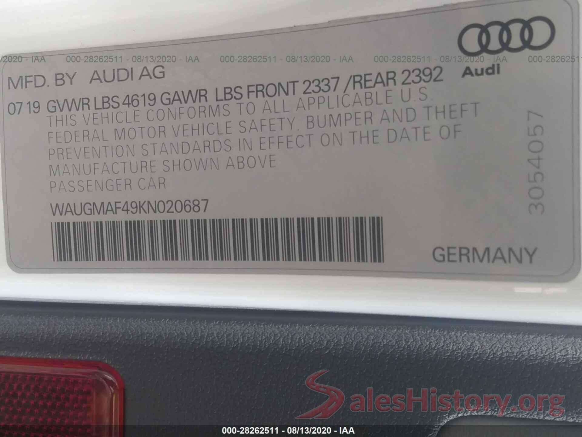 WAUGMAF49KN020687 2019 AUDI A4