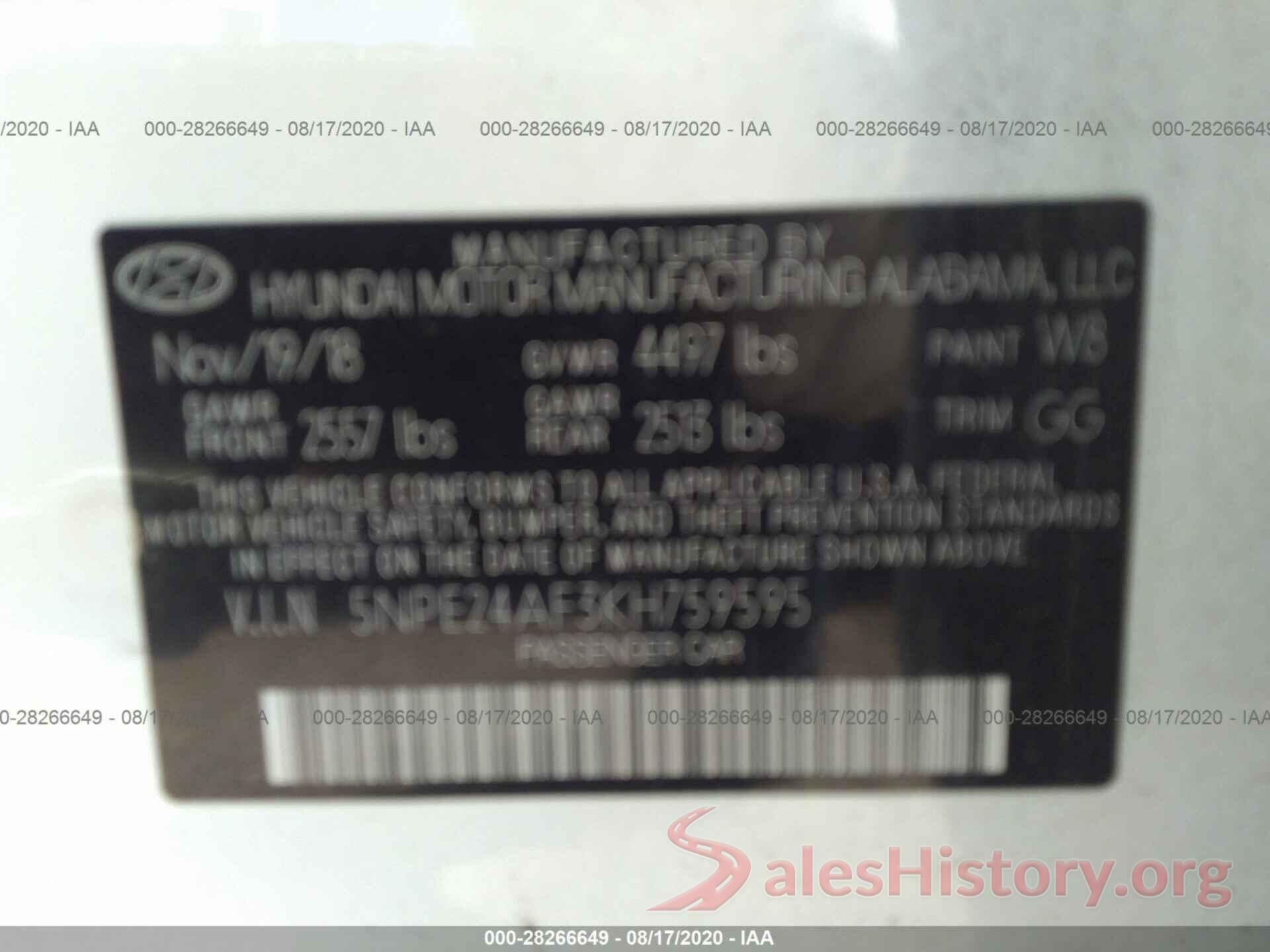 5NPE24AF3KH759595 2019 HYUNDAI SONATA