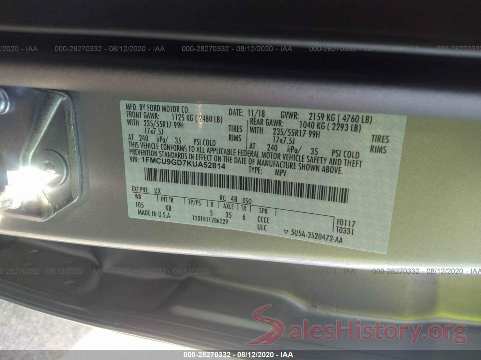 1FMCU9GD7KUA52814 2019 FORD ESCAPE