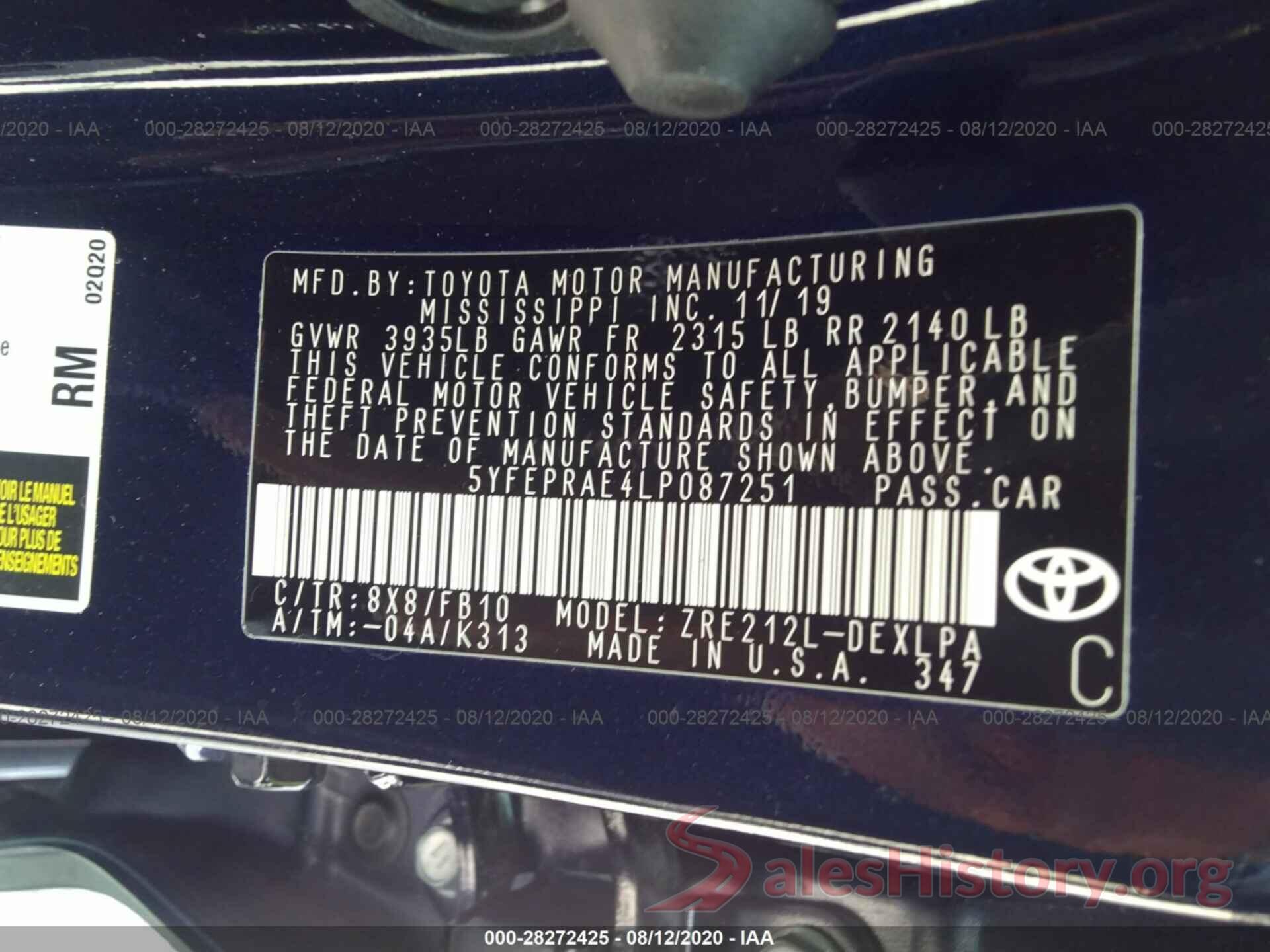 5YFEPRAE4LP087251 2020 TOYOTA COROLLA