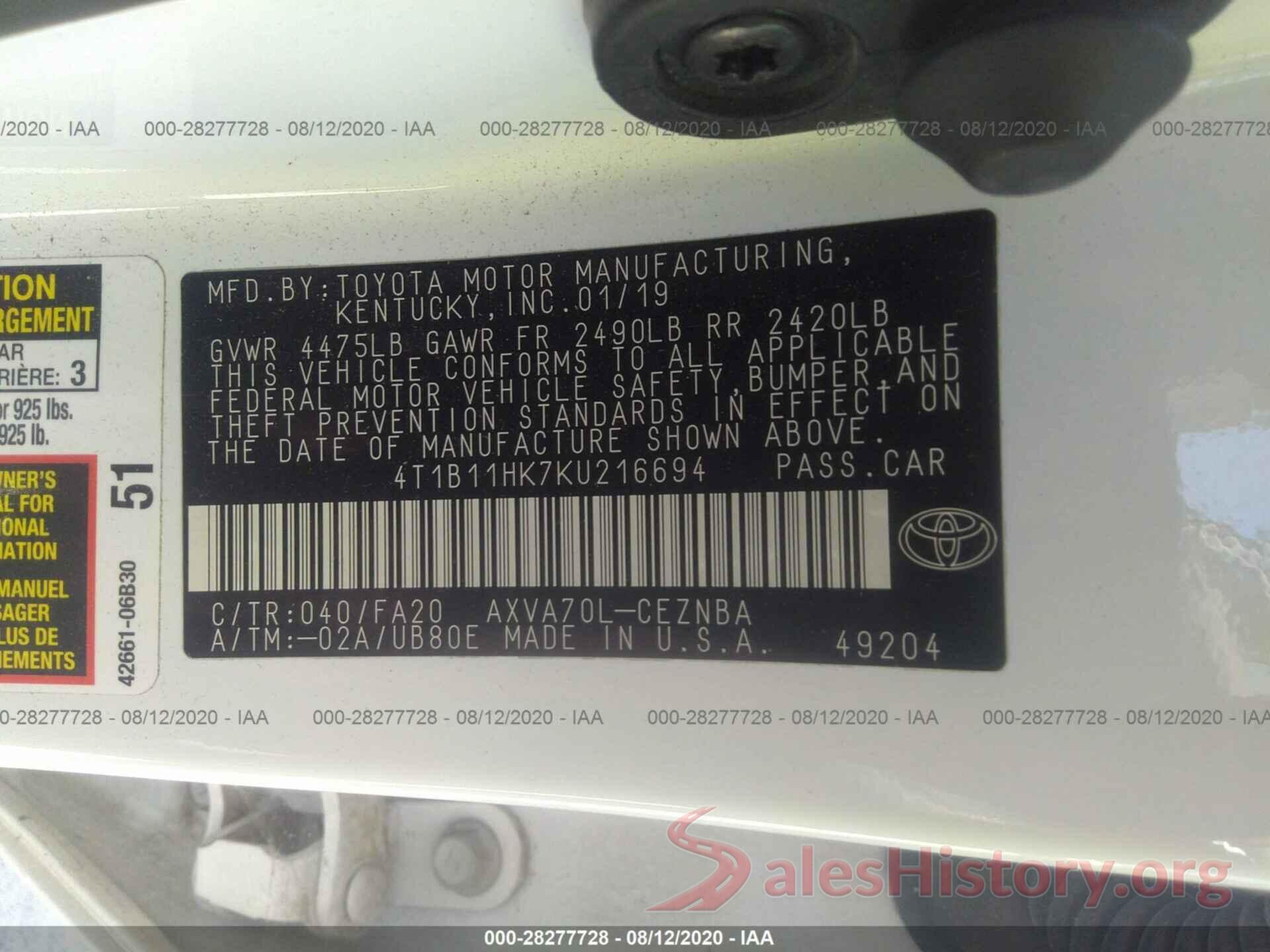 4T1B11HK7KU216694 2019 TOYOTA CAMRY