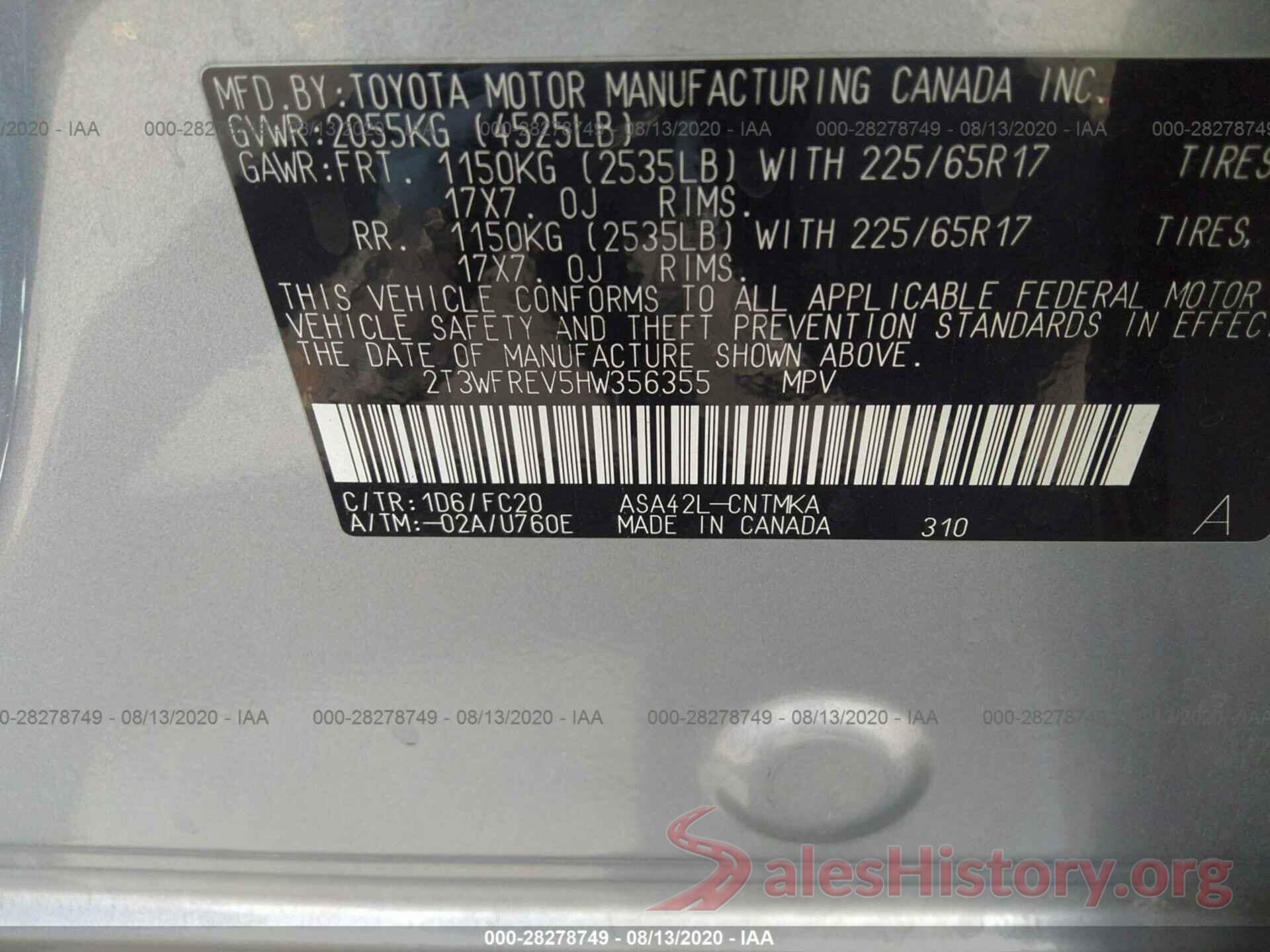 2T3WFREV5HW356355 2017 TOYOTA RAV4