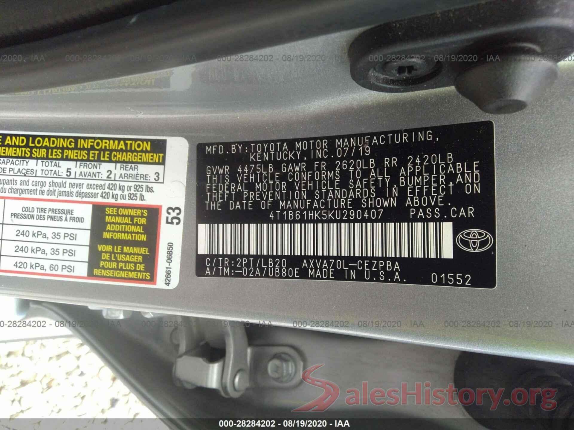 4T1B61HK5KU290407 2019 TOYOTA CAMRY