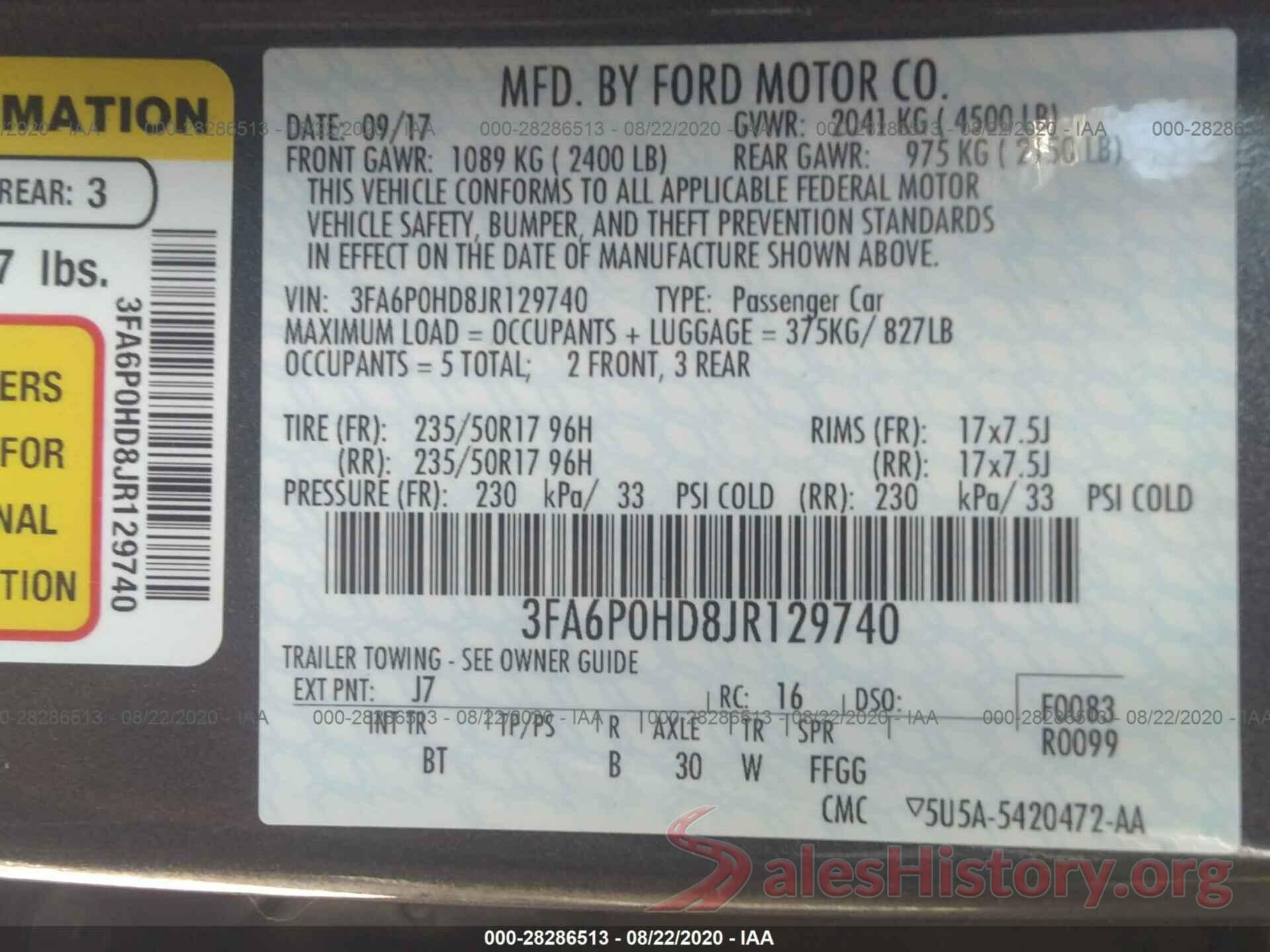 3FA6P0HD8JR129740 2018 FORD FUSION