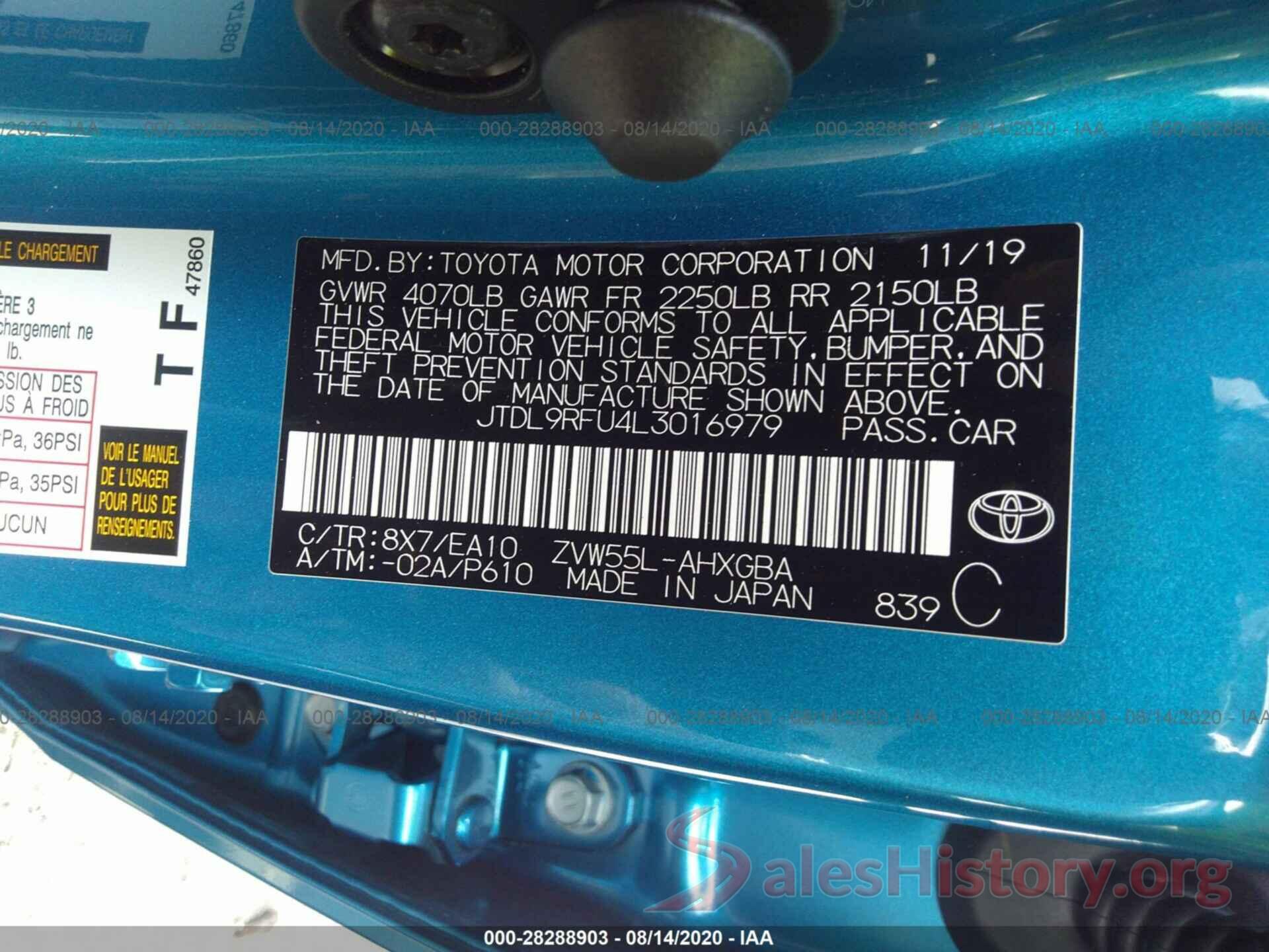 JTDL9RFU4L3016979 2020 TOYOTA PRIUS