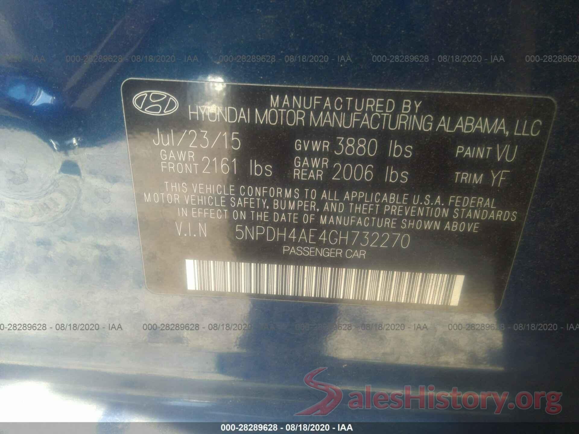 5NPDH4AE4GH732270 2016 HYUNDAI ELANTRA