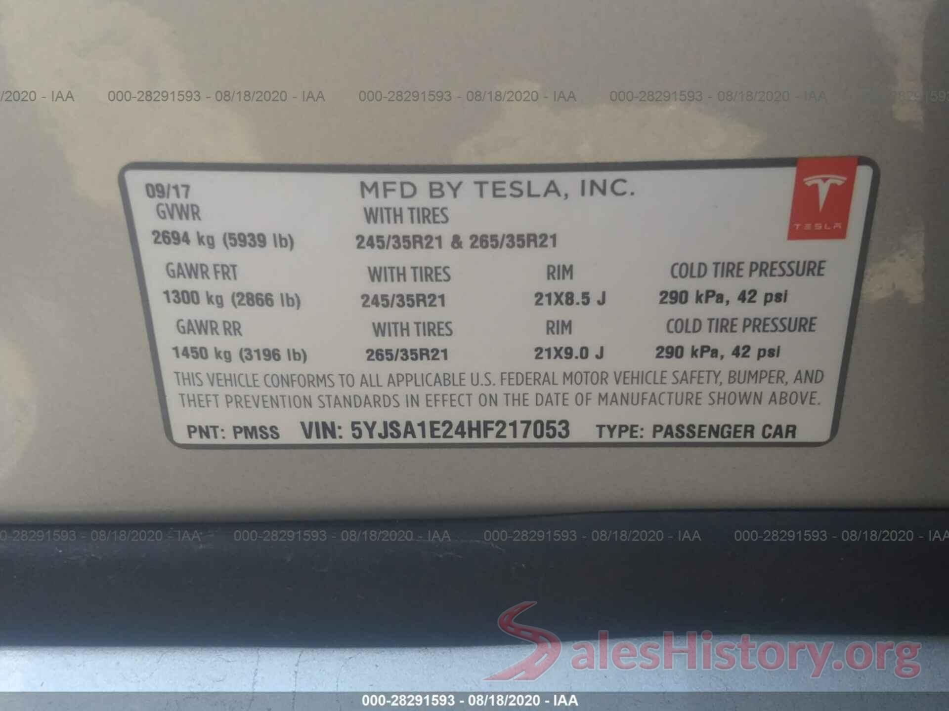 5YJSA1E24HF217053 2017 TESLA MODEL S