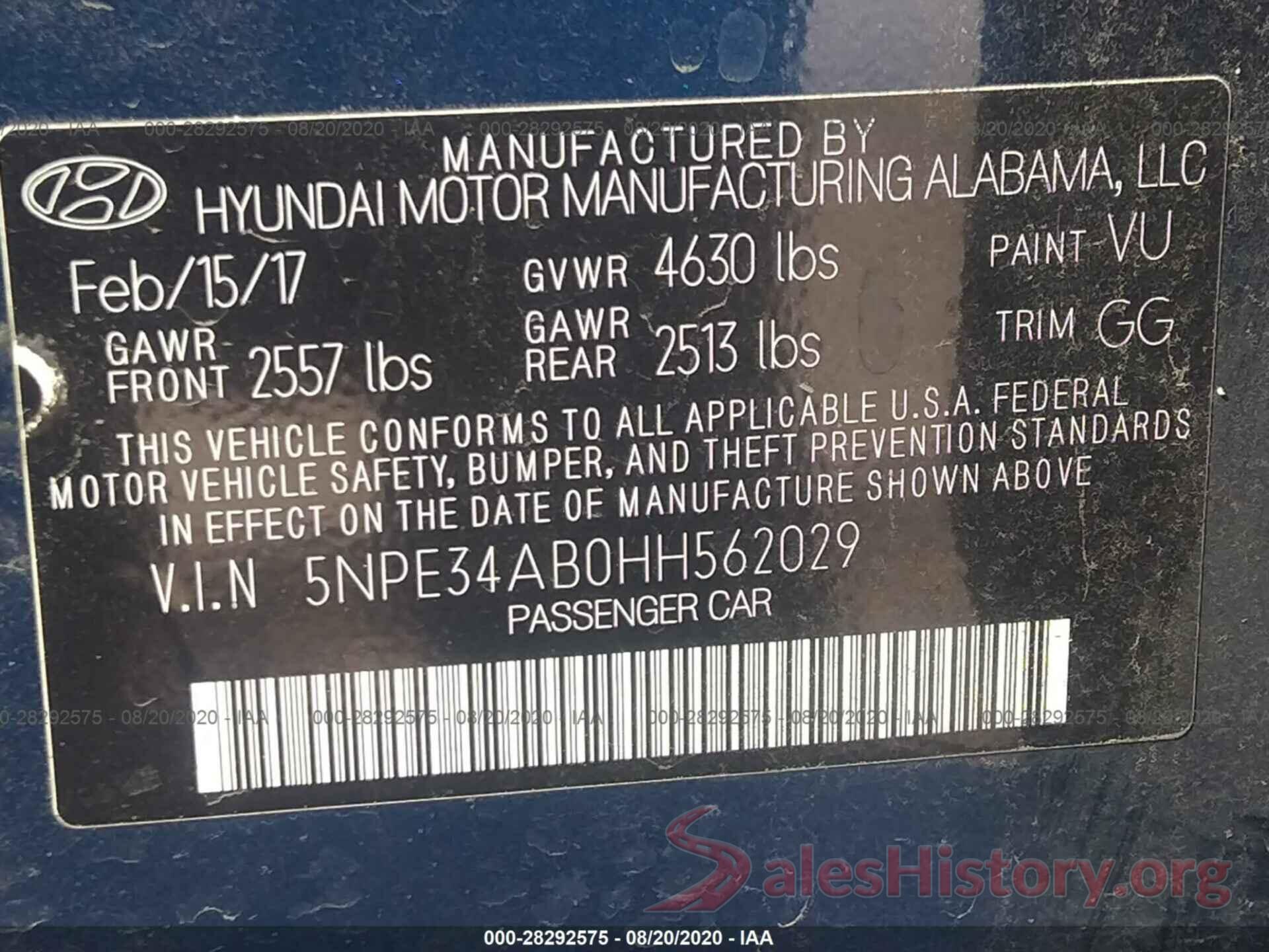 5NPE34AB0HH562029 2017 HYUNDAI SONATA