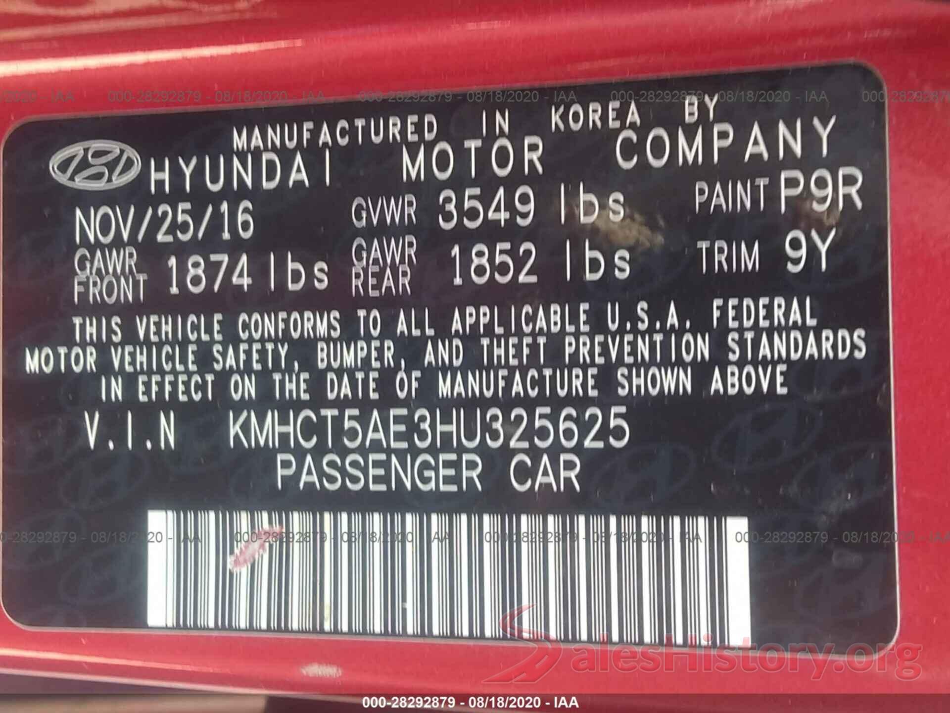 KMHCT5AE3HU325625 2017 HYUNDAI ACCENT