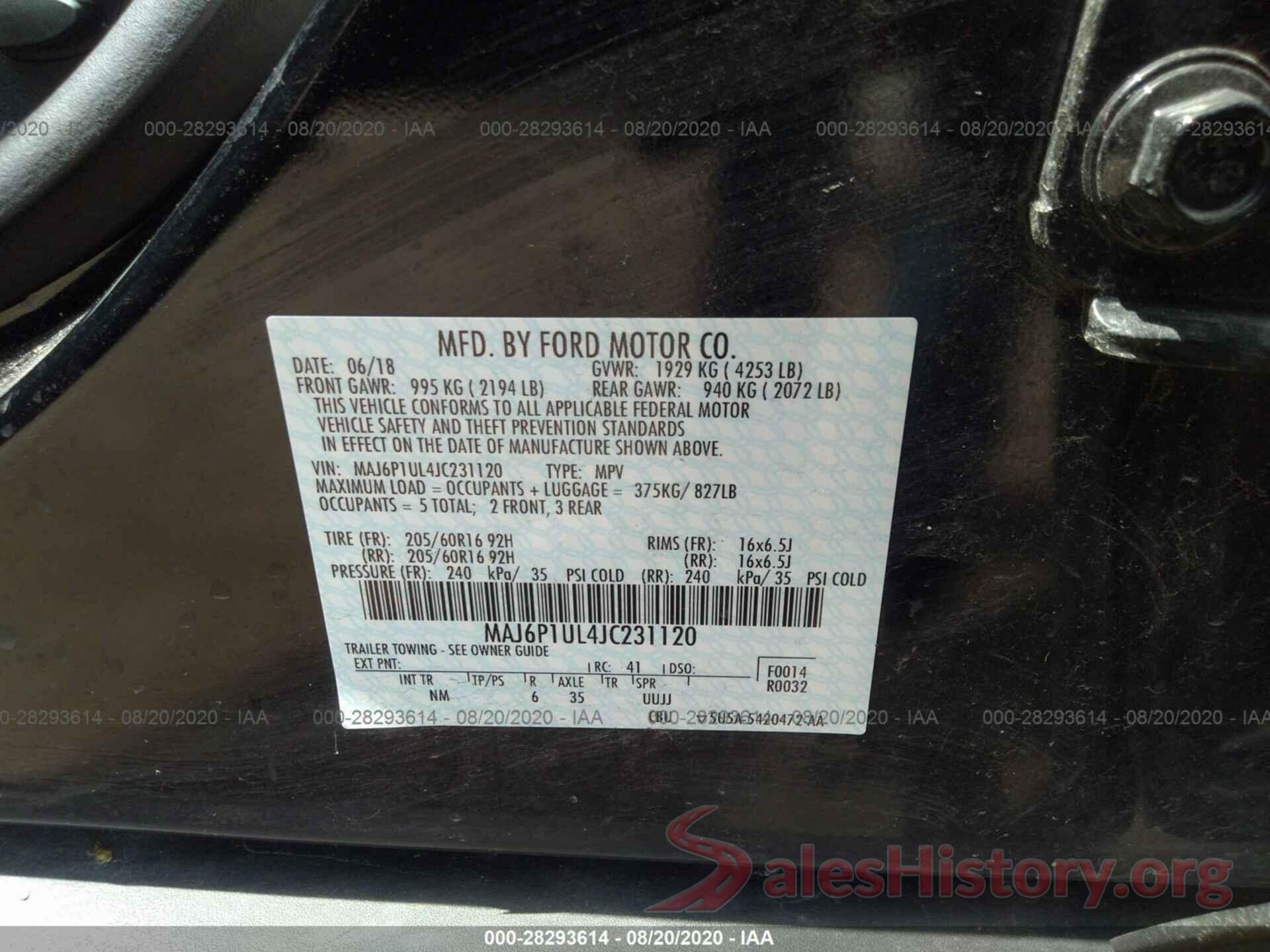 MAJ6P1UL4JC231120 2018 FORD ECOSPORT