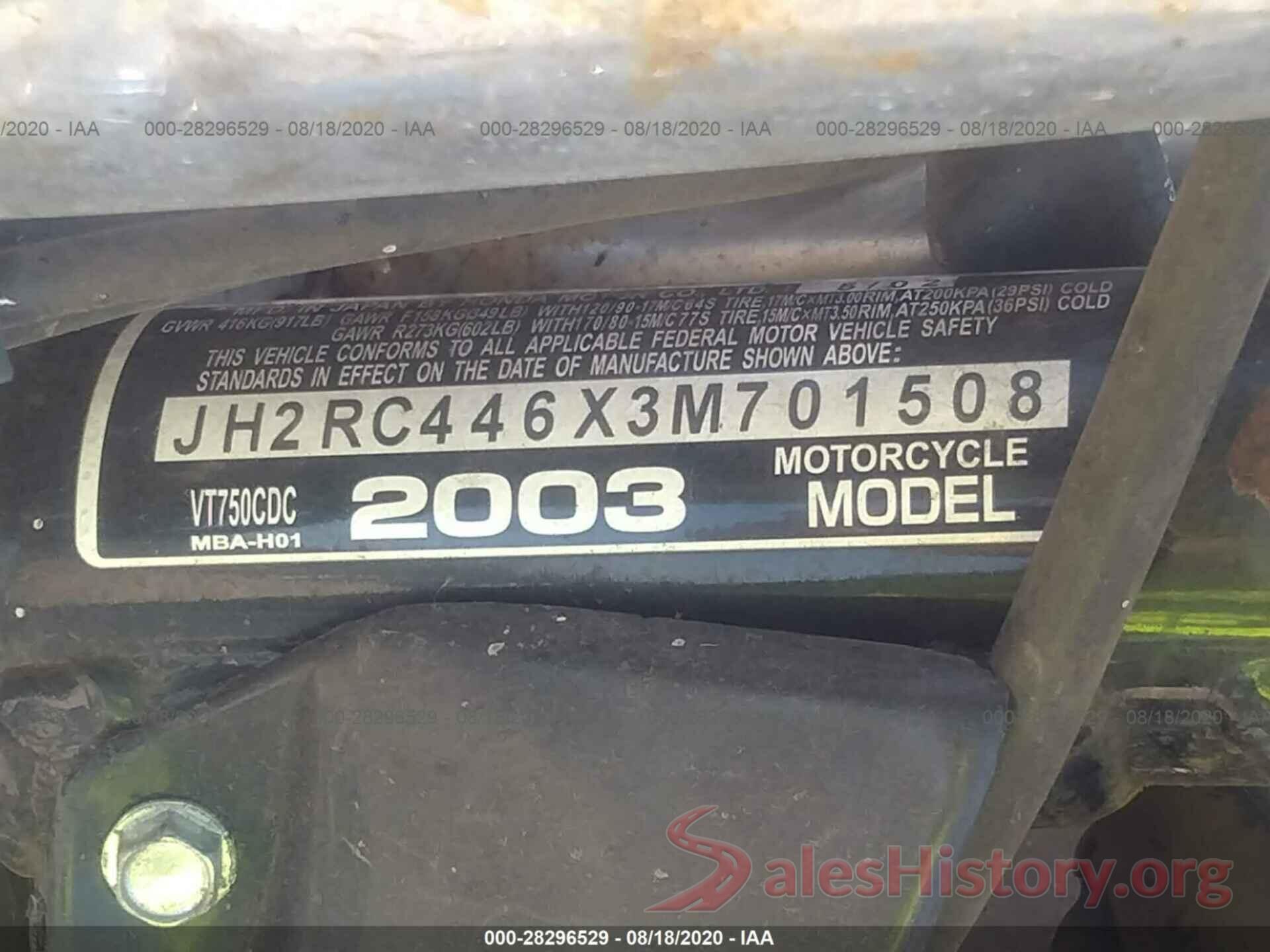 JH2RC446X3M701508 2003 HONDA VT750