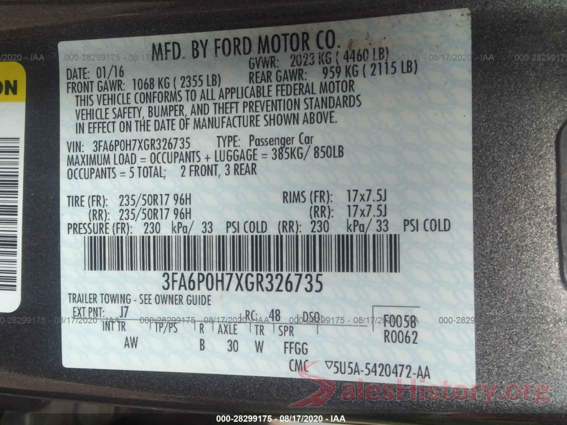 3FA6P0H7XGR326735 2016 FORD FUSION