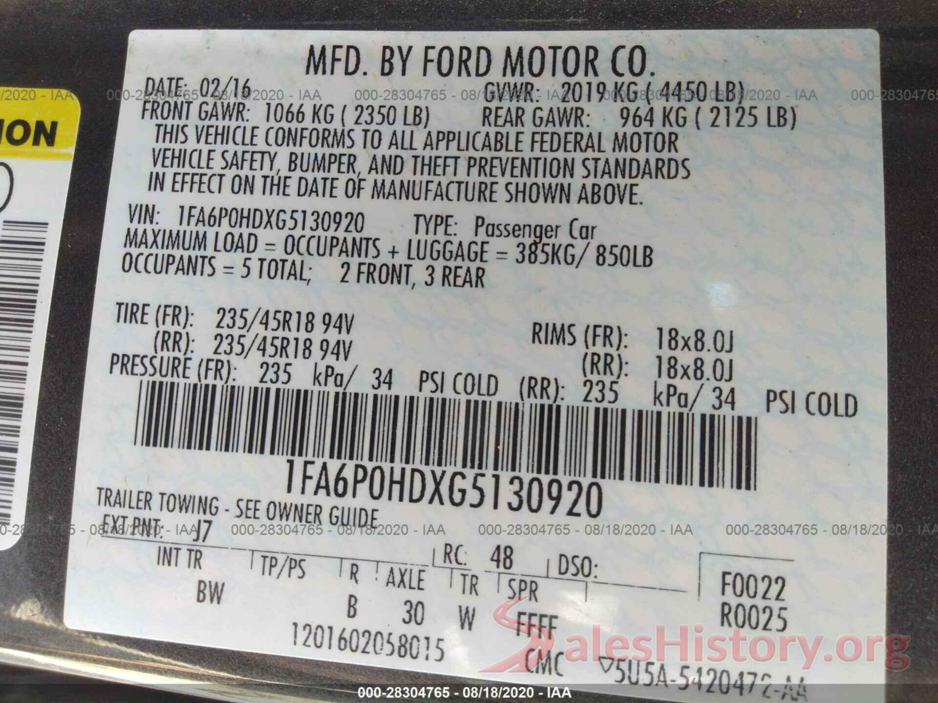 1FA6P0HDXG5130920 2016 FORD FUSION