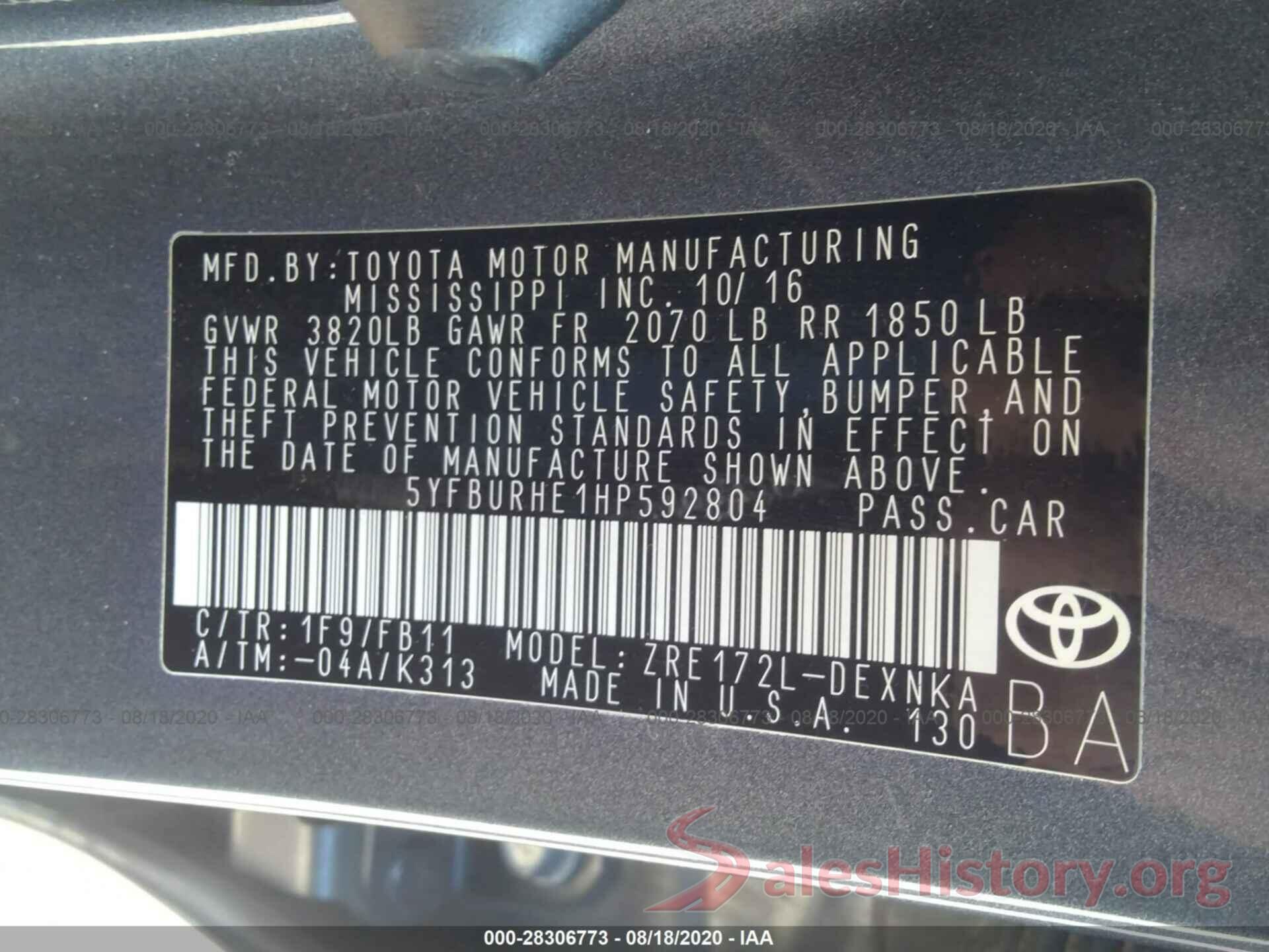 5YFBURHE1HP592804 2017 TOYOTA COROLLA