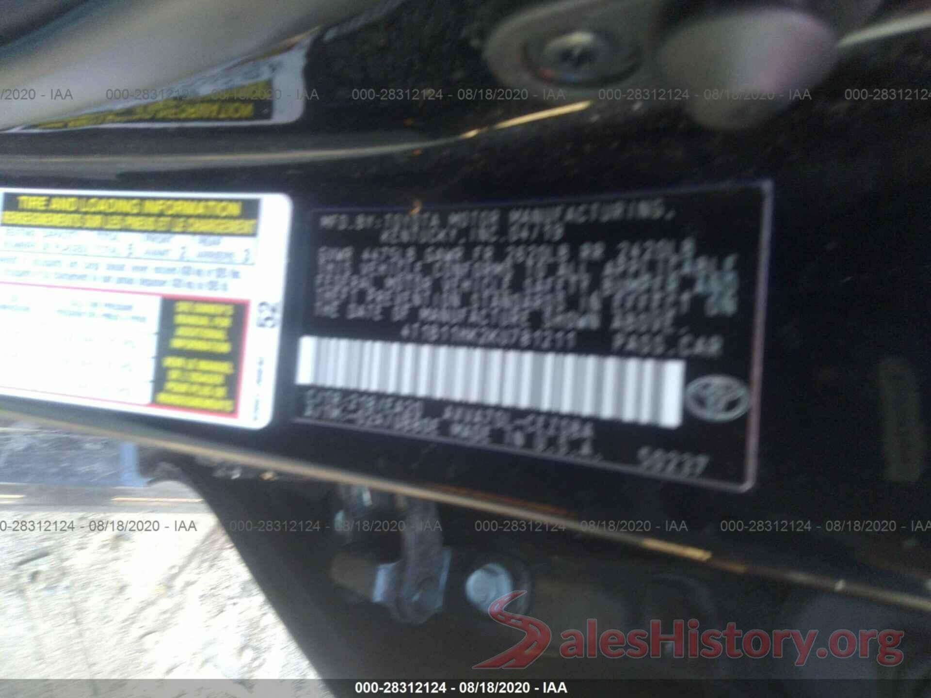 4T1B11HK2KU781211 2019 TOYOTA CAMRY