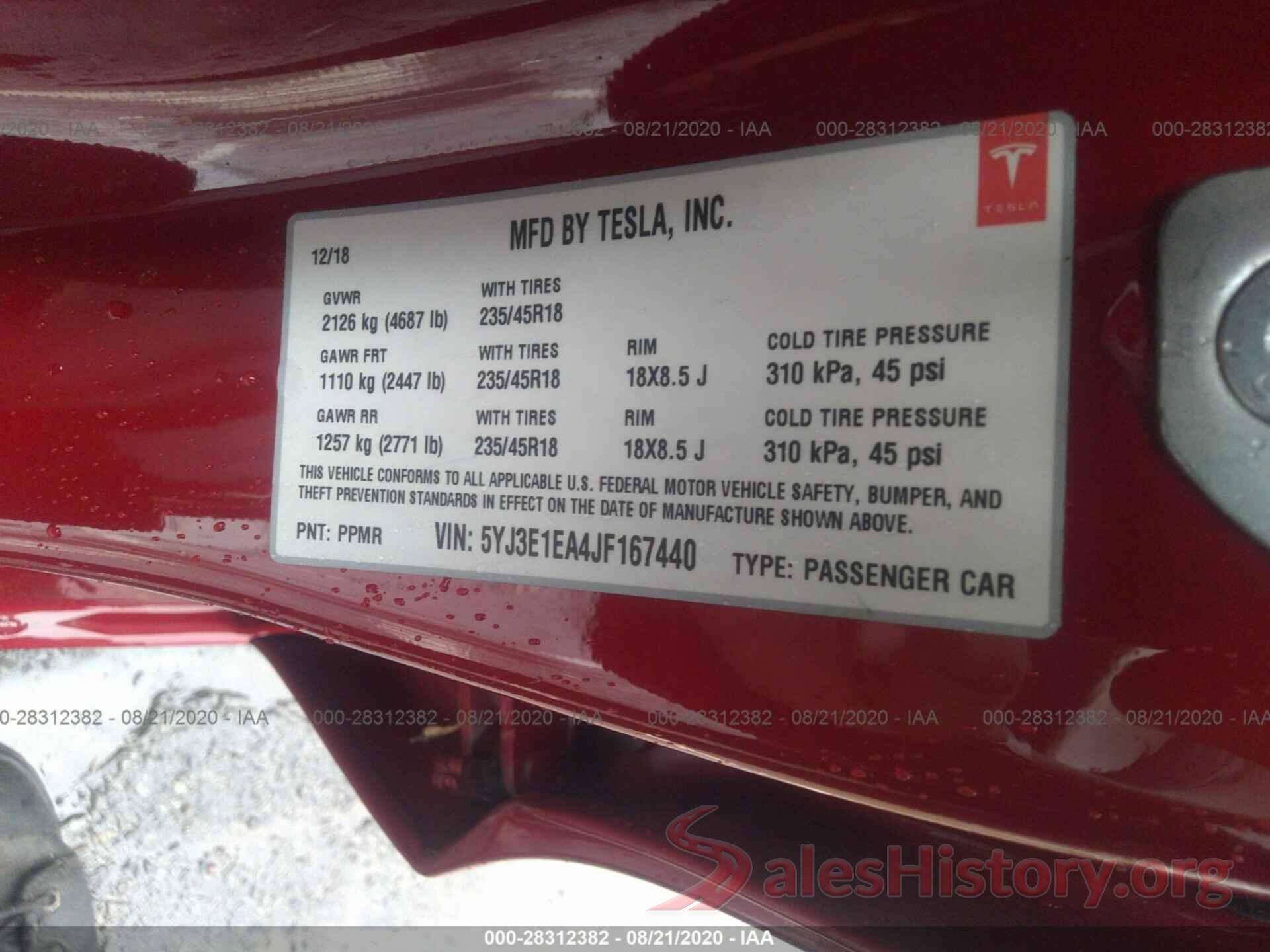 5YJ3E1EA4JF167440 2018 TESLA MODEL 3