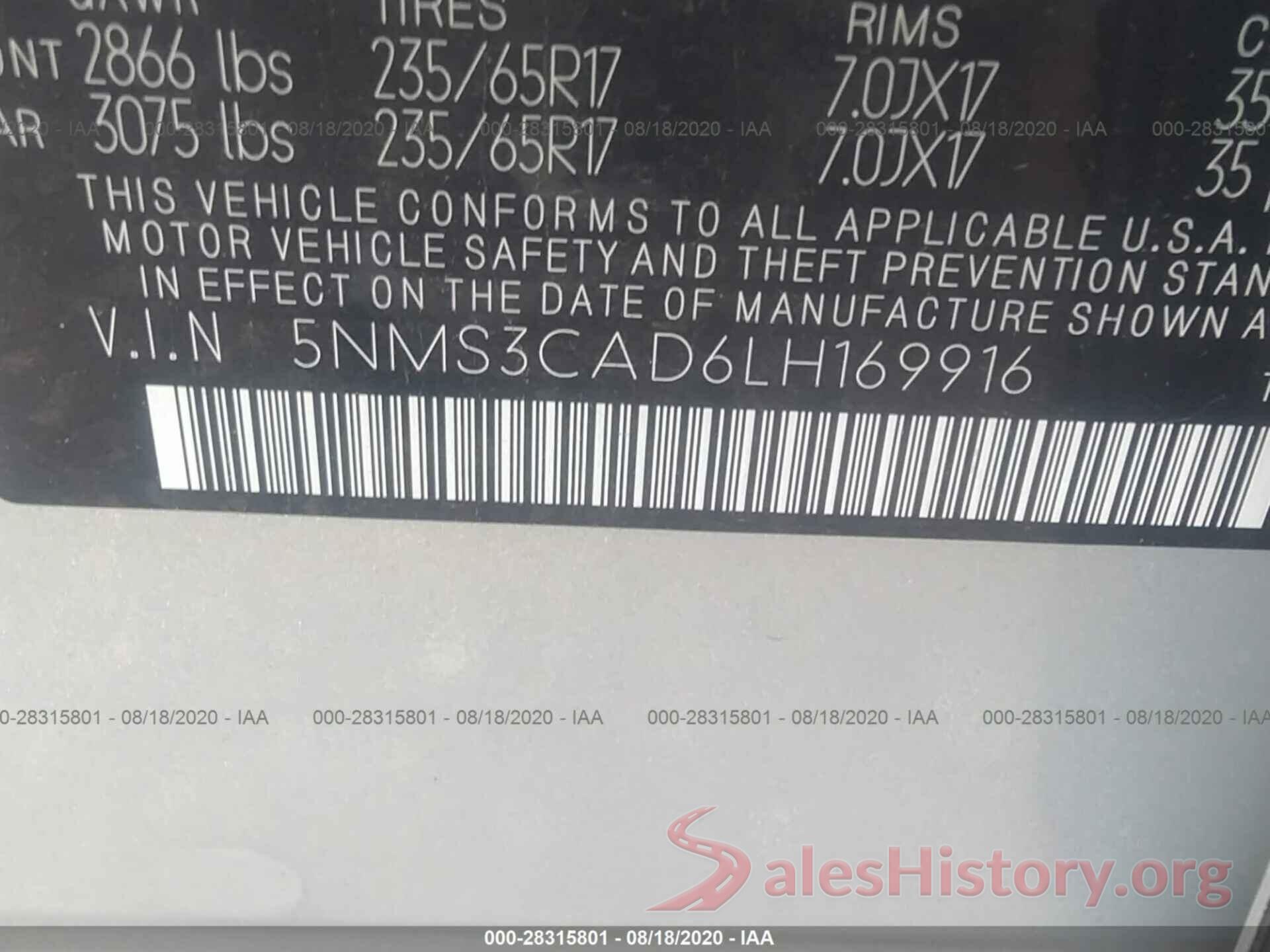 5NMS3CAD6LH169916 2020 HYUNDAI SANTA FE