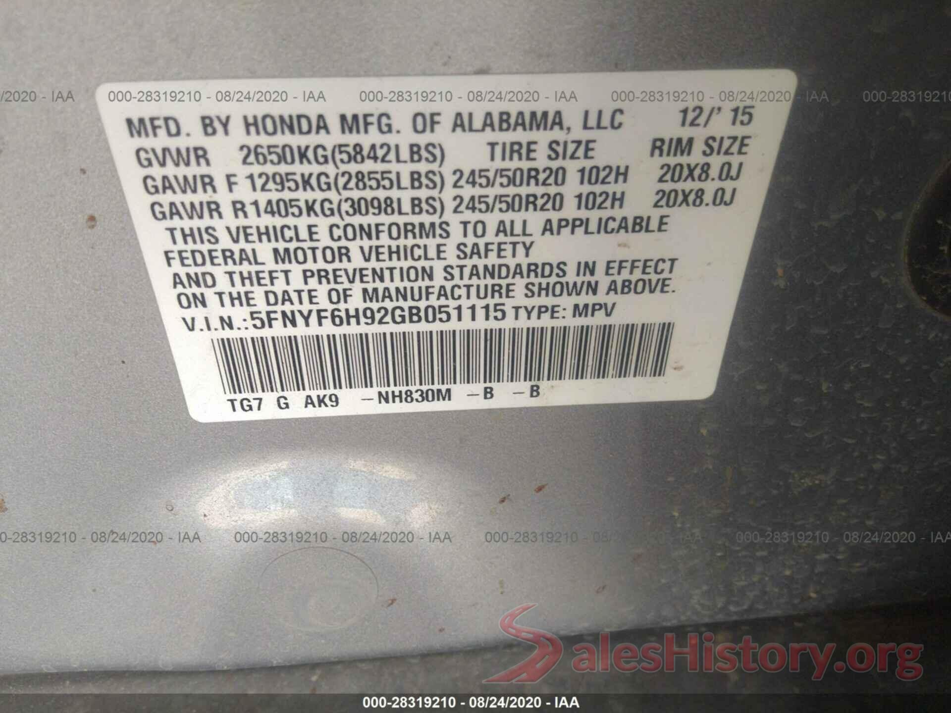 5FNYF6H92GB051115 2016 HONDA PILOT