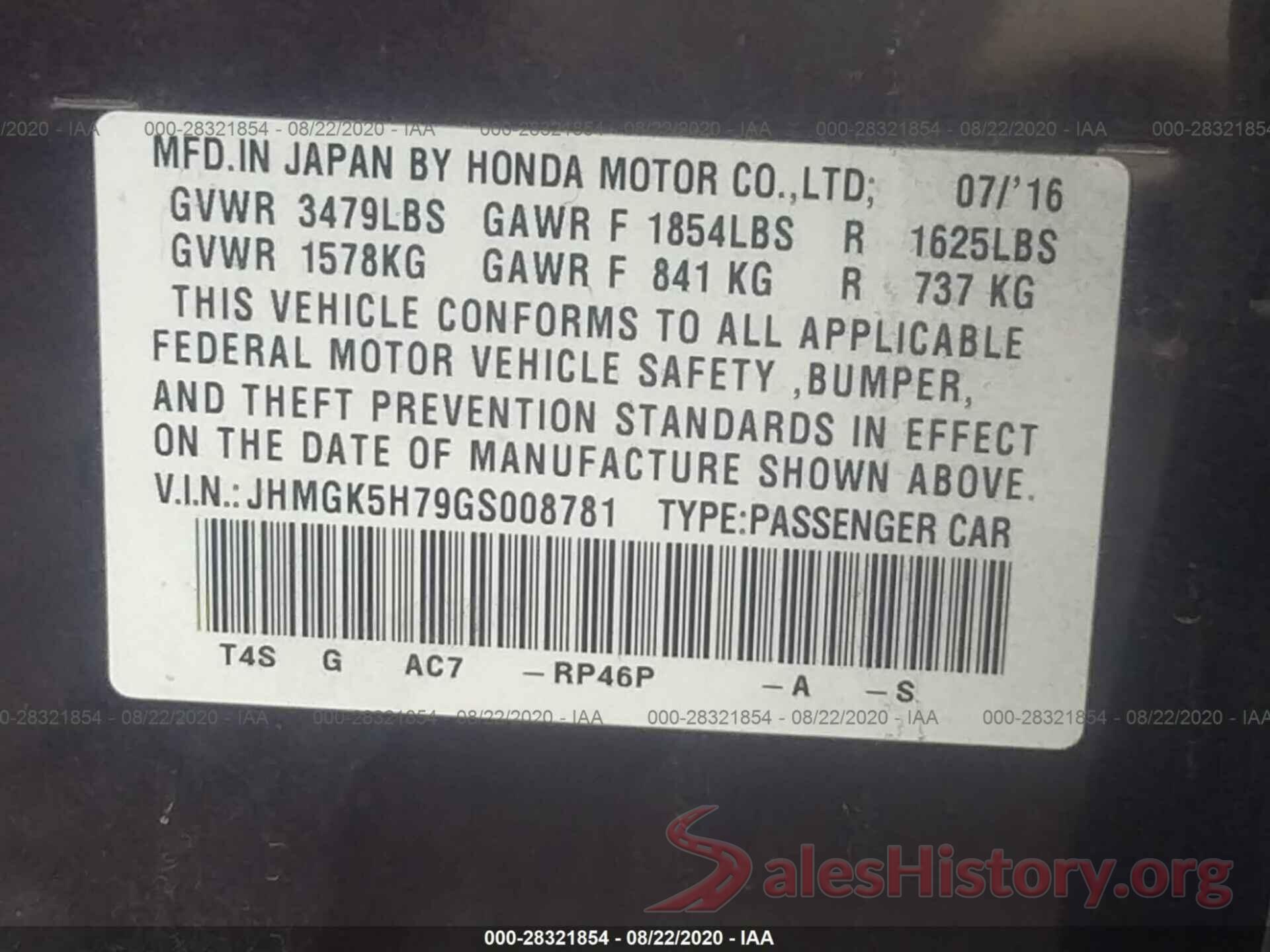 JHMGK5H79GS008781 2016 HONDA FIT