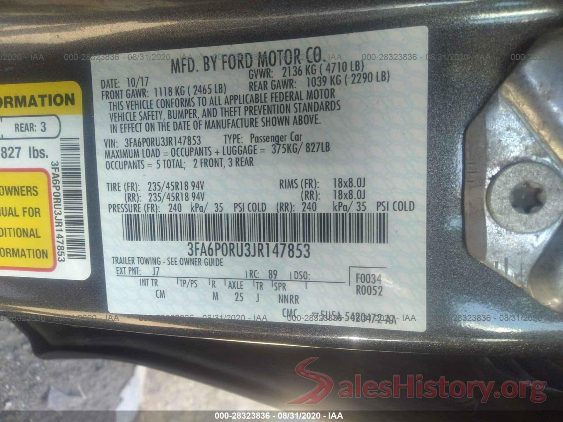 3FA6P0RU3JR147853 2018 FORD FUSION HYBRID