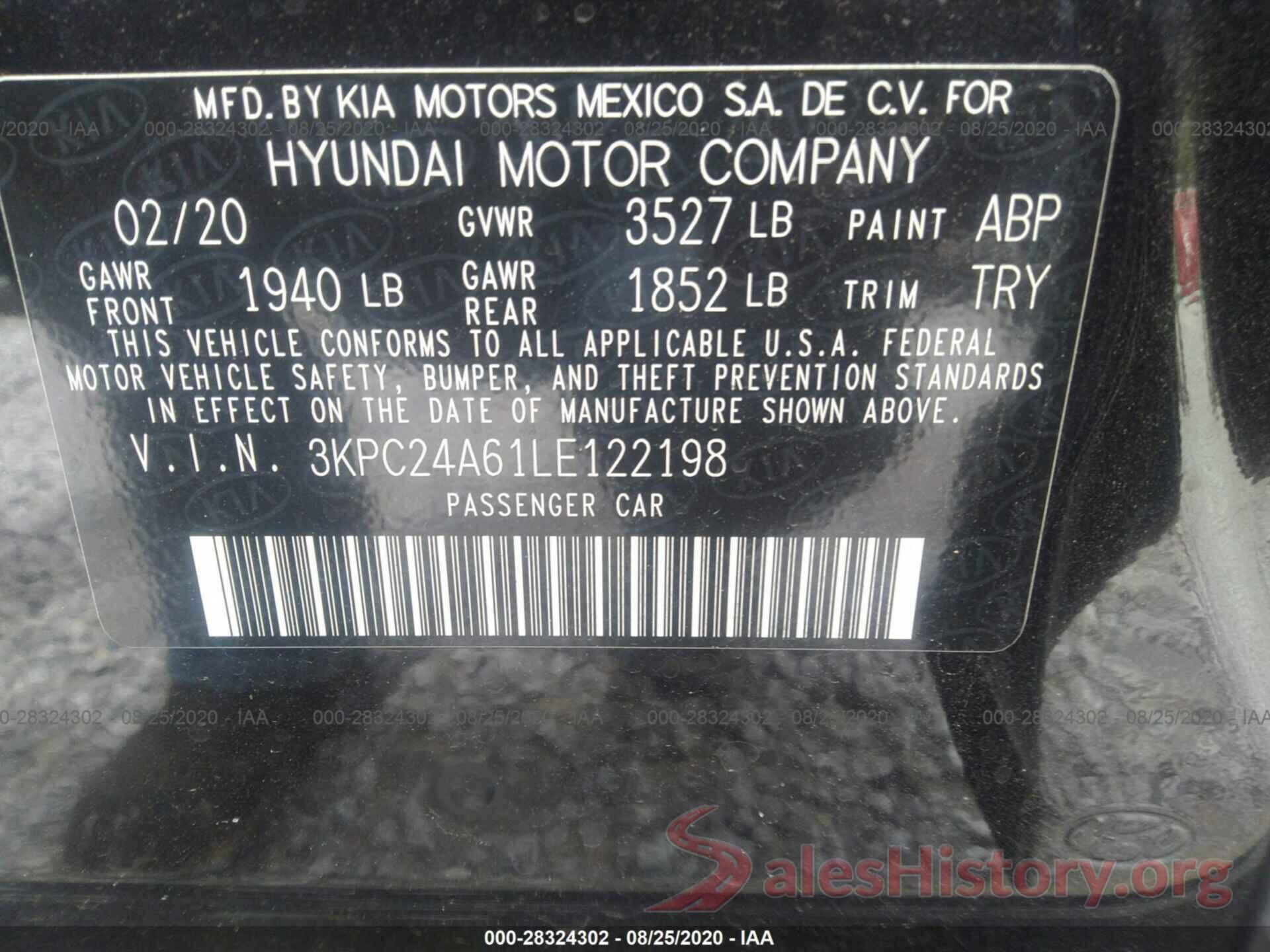 3KPC24A61LE122198 2020 HYUNDAI ACCENT