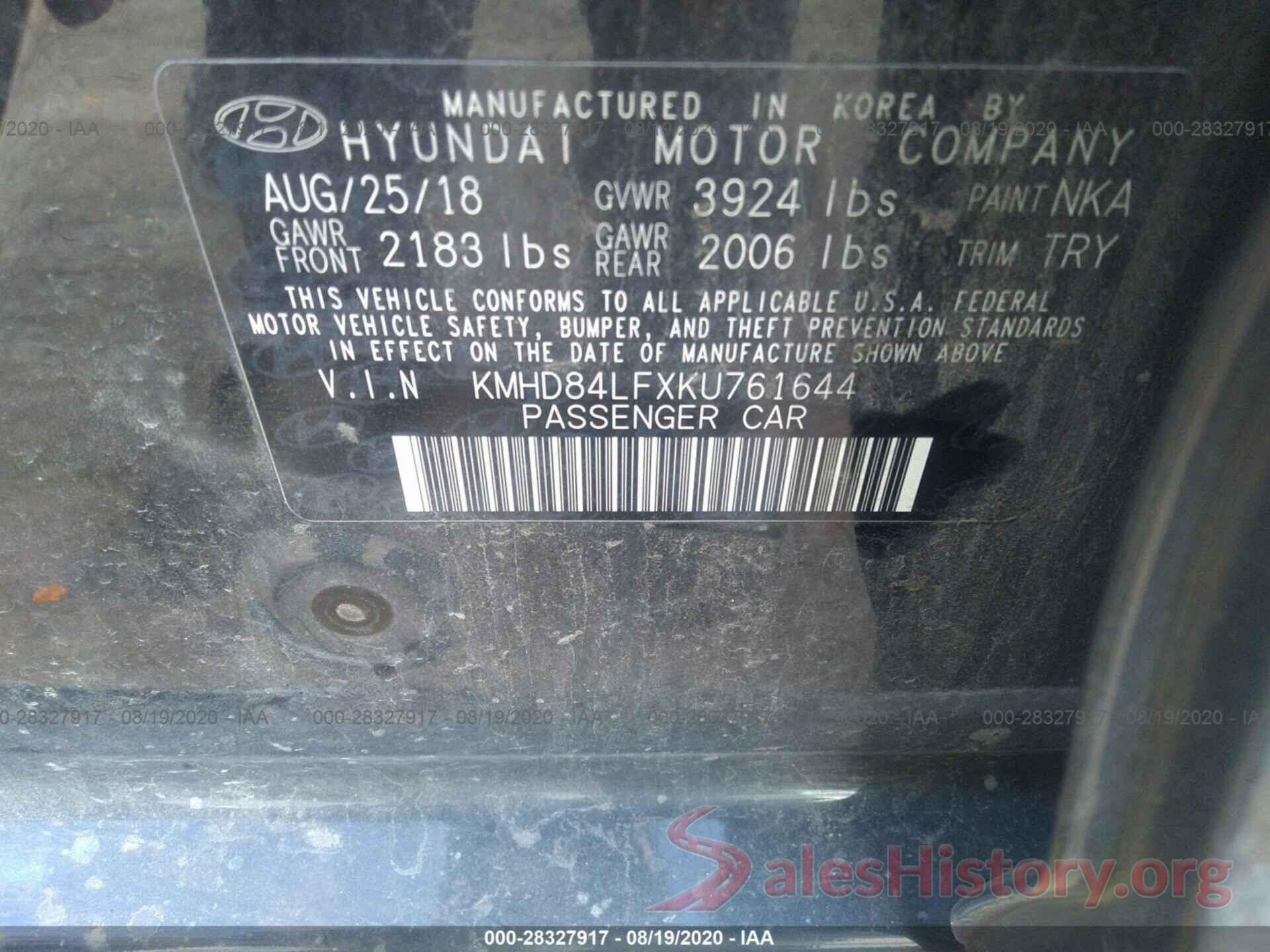 KMHD84LFXKU761644 2019 HYUNDAI ELANTRA