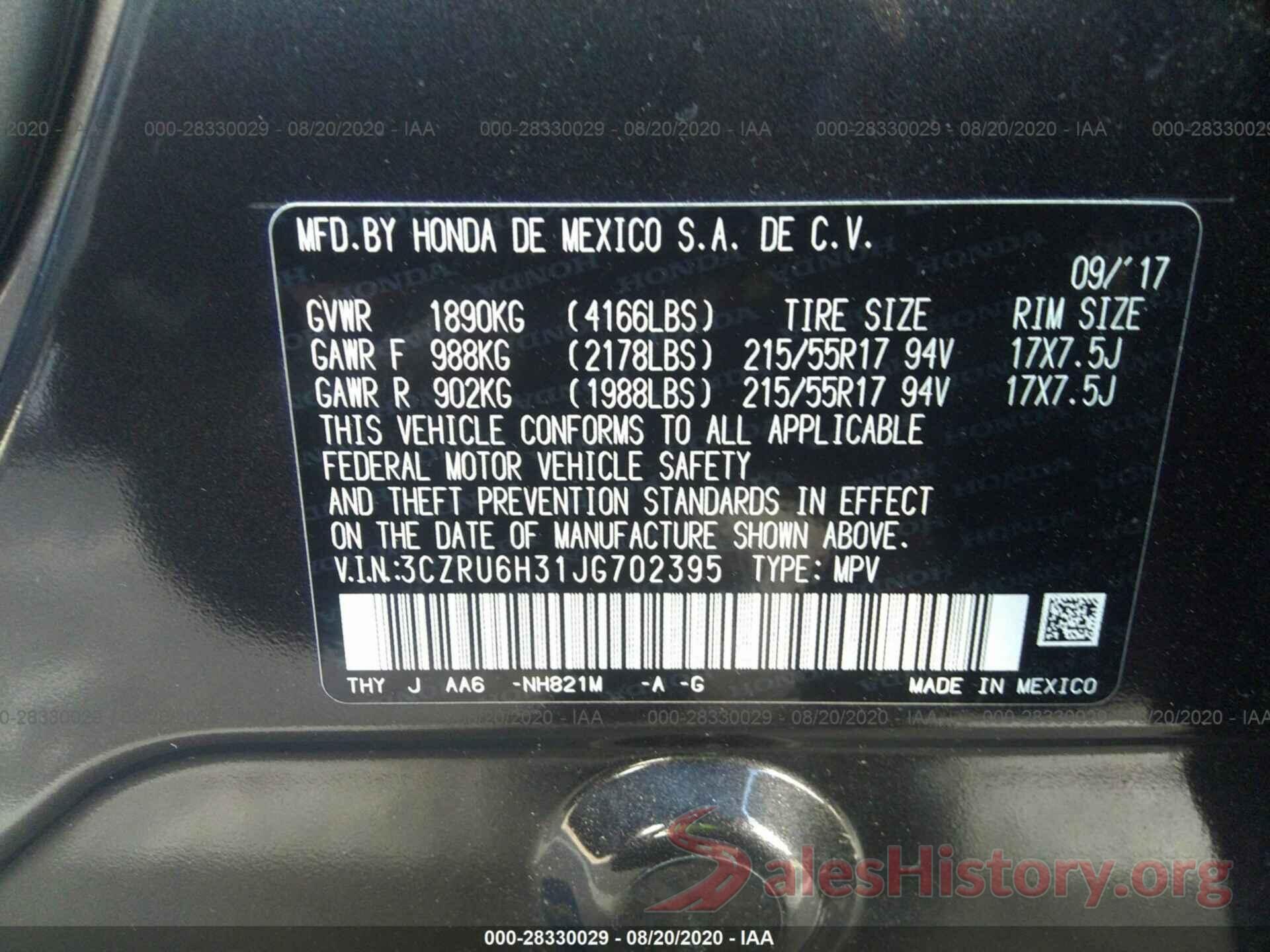 3CZRU6H31JG702395 2018 HONDA HR-V