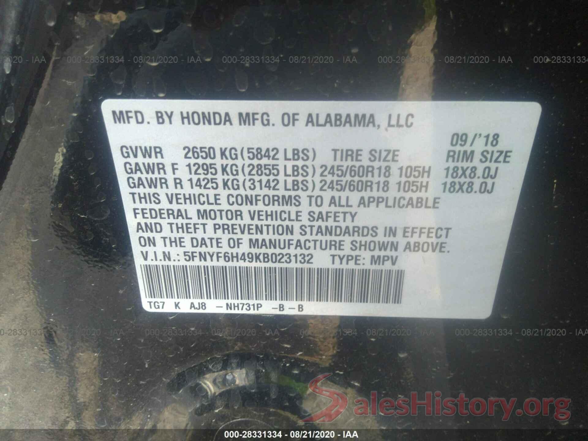 5FNYF6H49KB023132 2019 HONDA PILOT