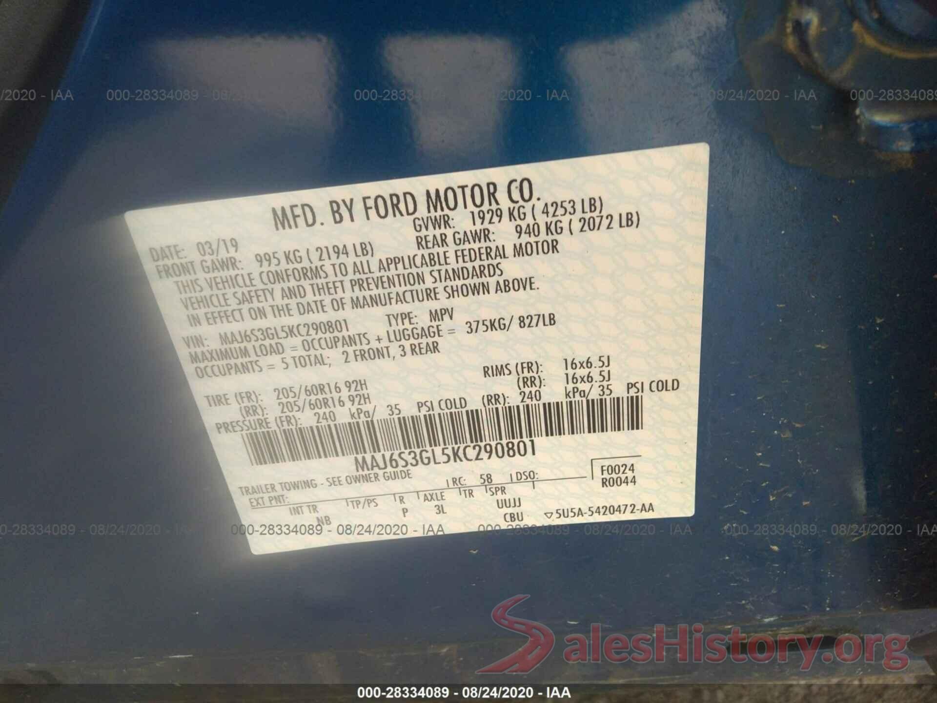 MAJ6S3GL5KC290801 2019 FORD ECOSPORT