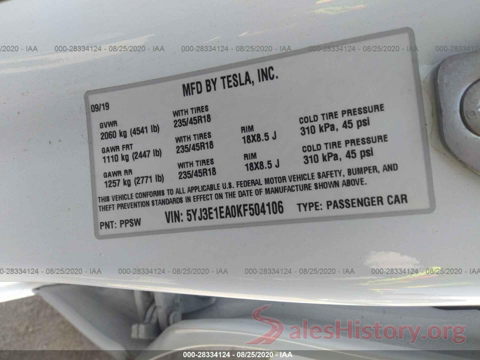 5YJ3E1EA0KF504106 2019 TESLA MODEL 3