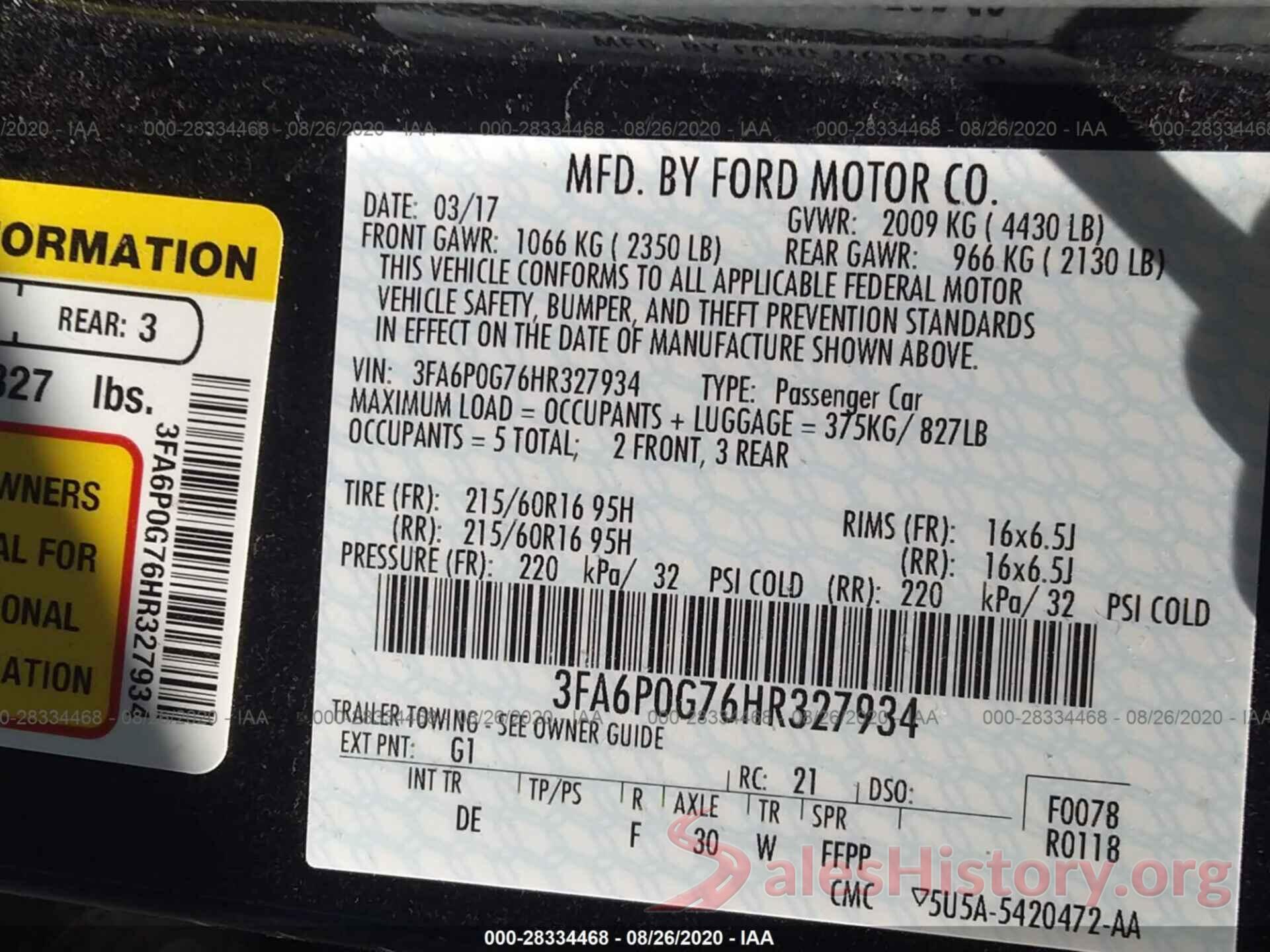 3FA6P0G76HR327934 2017 FORD FUSION