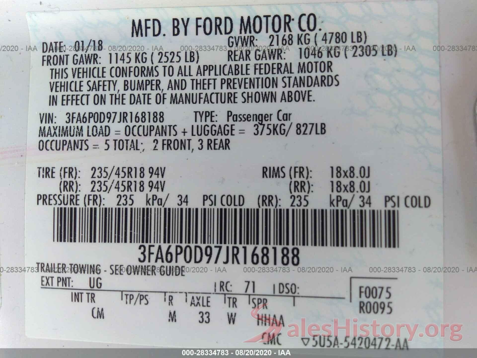 3FA6P0D97JR168188 2018 FORD FUSION