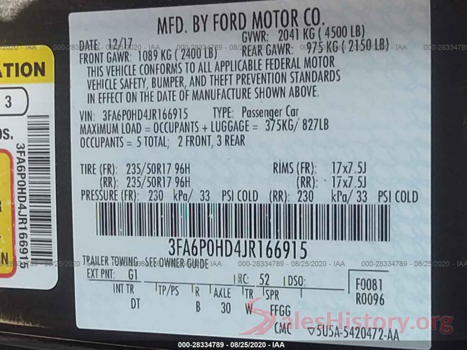 3FA6P0HD4JR166915 2018 FORD FUSION