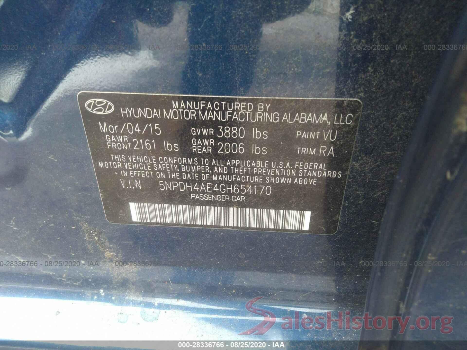 5NPDH4AE4GH654170 2016 HYUNDAI ELANTRA