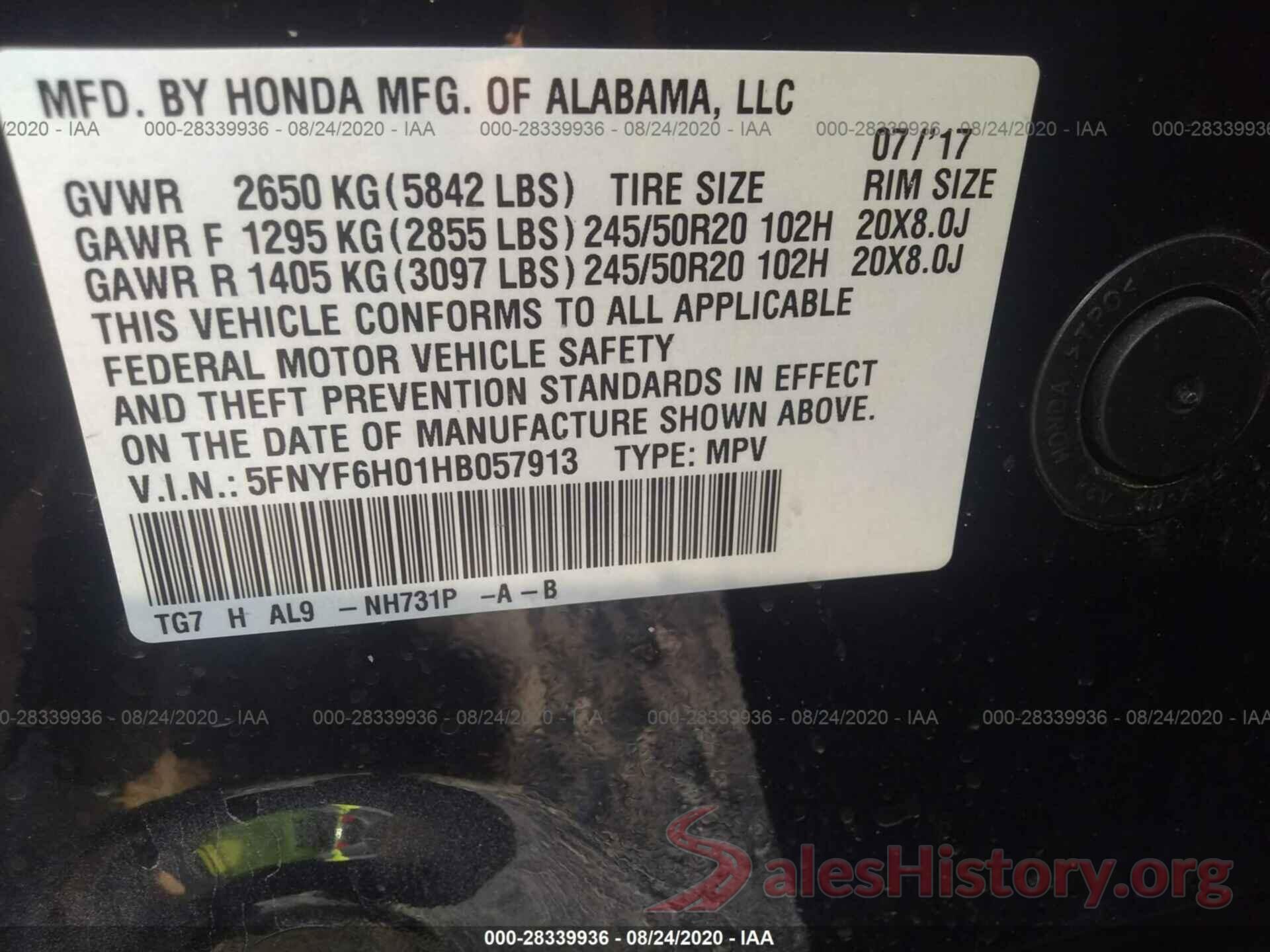 5FNYF6H01HB057913 2017 HONDA PILOT