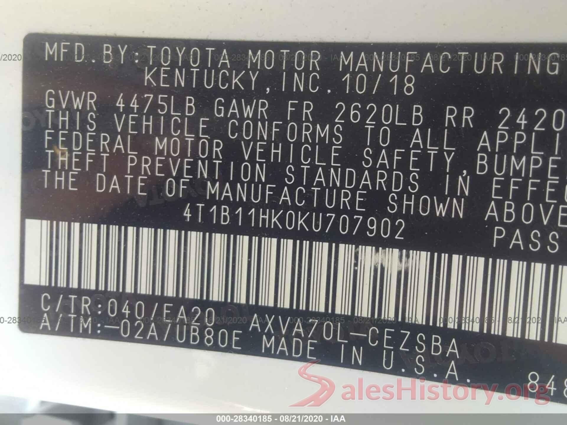 4T1B11HK0KU707902 2019 TOYOTA CAMRY