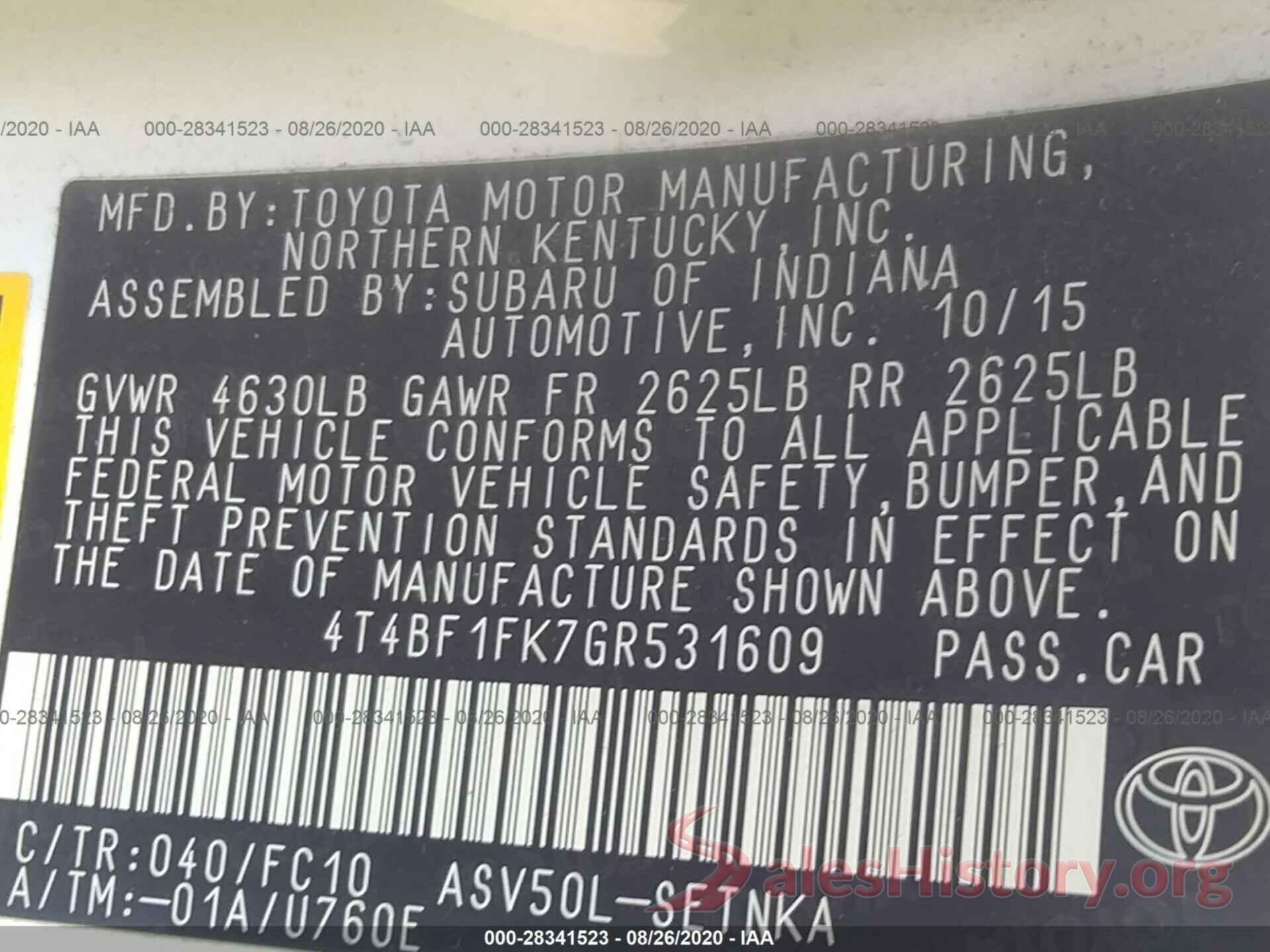 4T4BF1FK7GR531609 2016 TOYOTA CAMRY